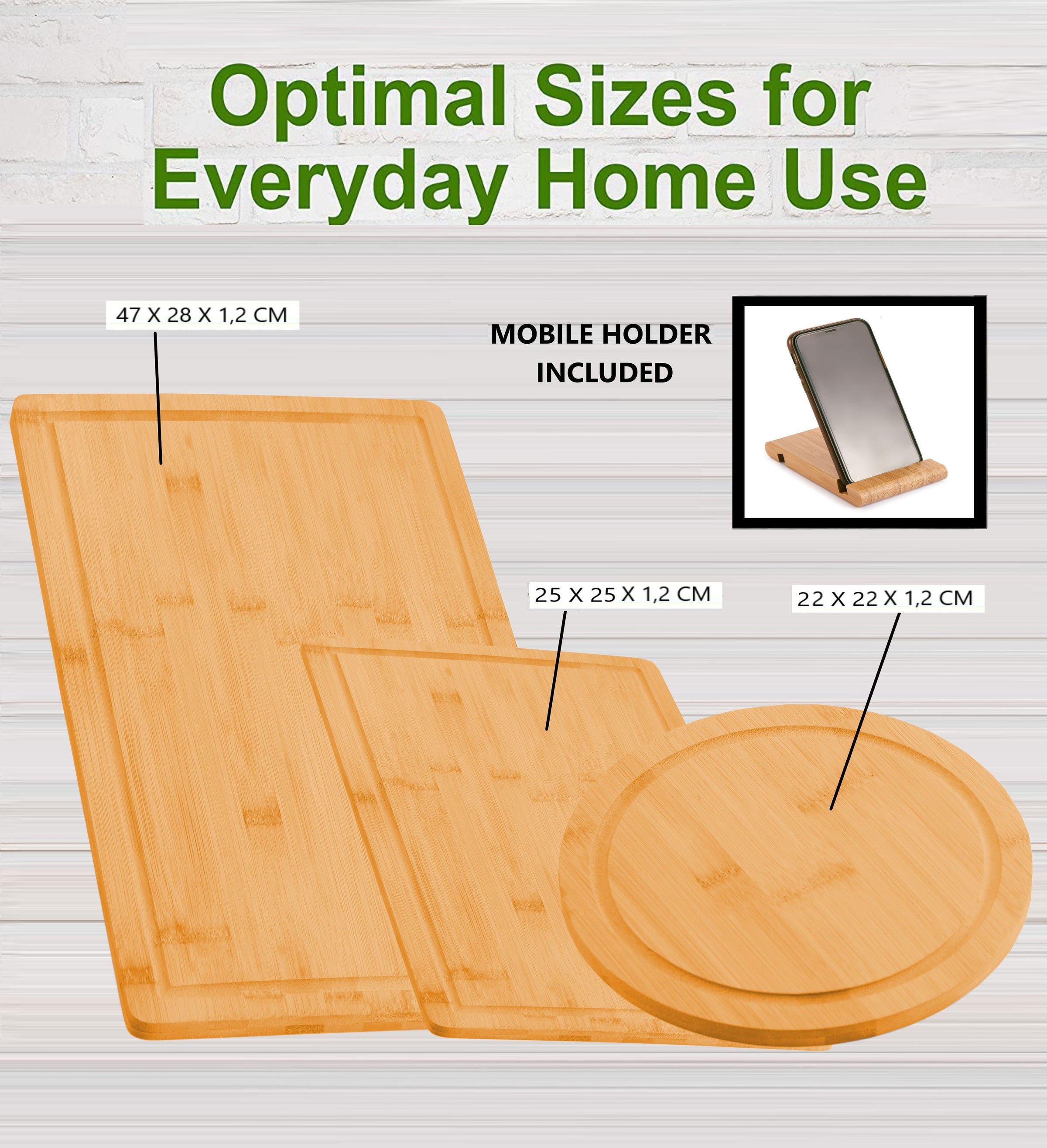 3 Pieces Bamboo Cutting Board with Juice Groove and Mobile Holder included for Home Kitchen V178-36019