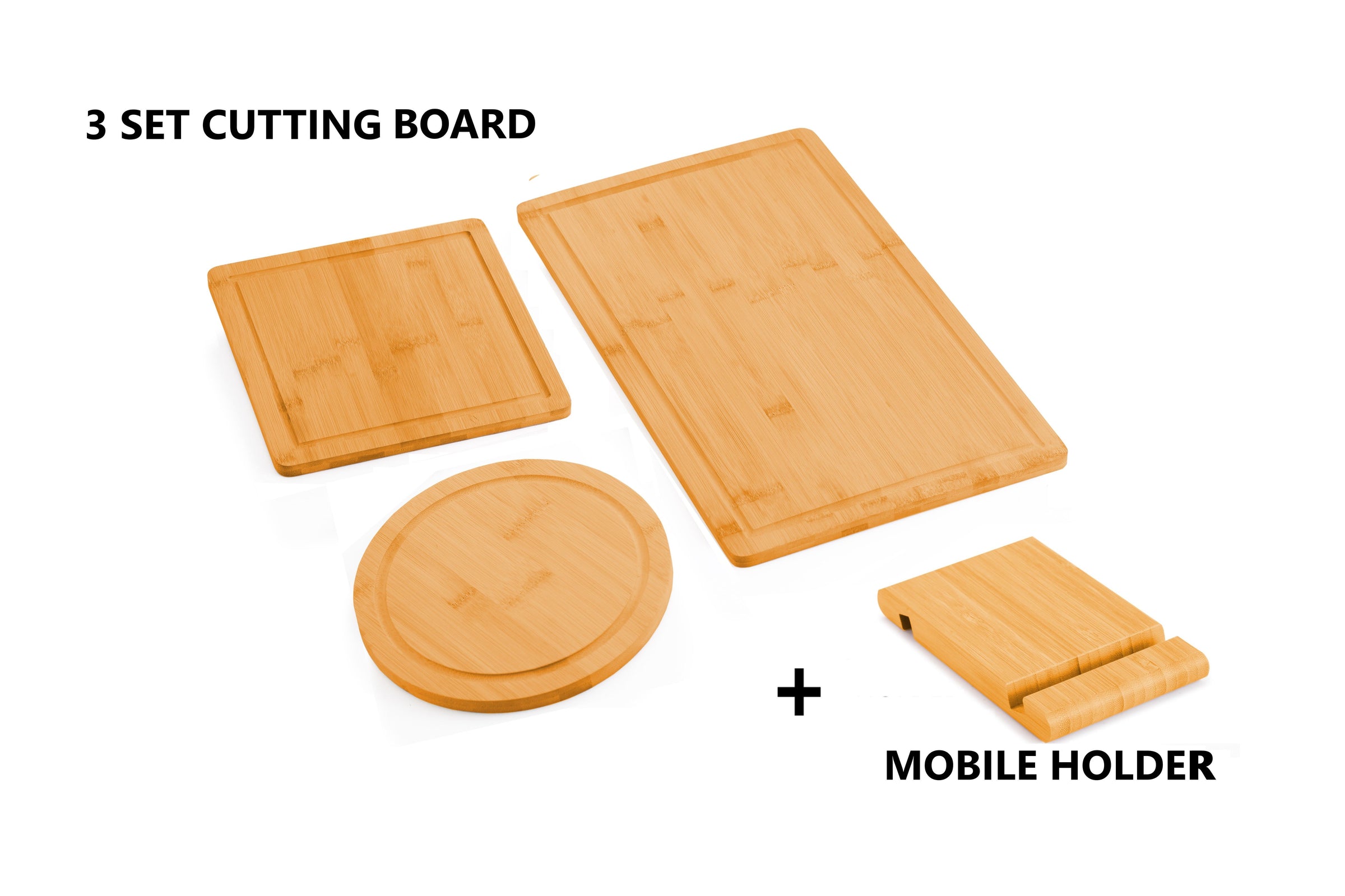 3 Pieces Bamboo Cutting Board with Juice Groove and Mobile Holder included for Home Kitchen V178-36019