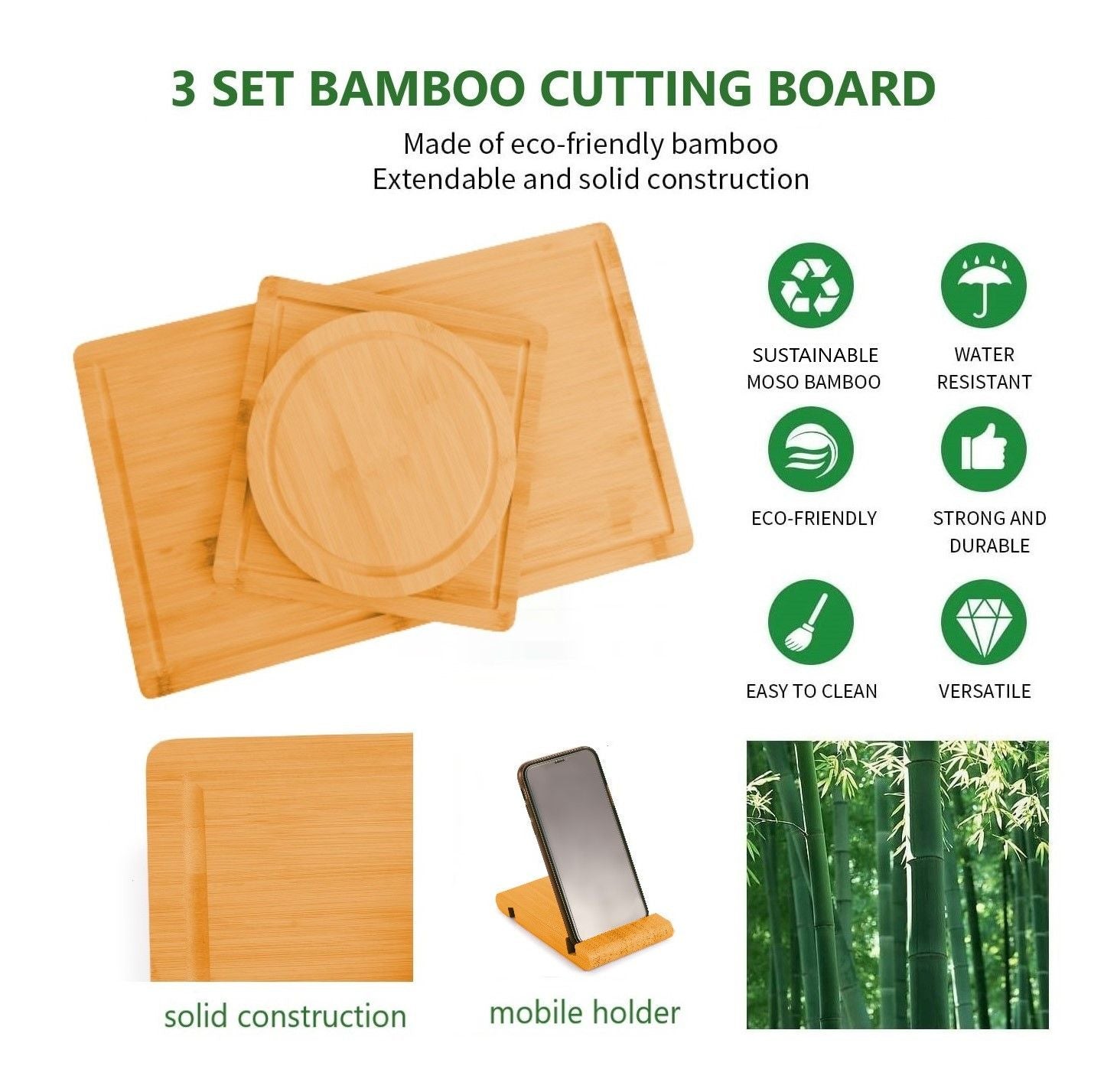 3 Pieces Bamboo Cutting Board with Juice Groove and Mobile Holder included for Home Kitchen V178-36019