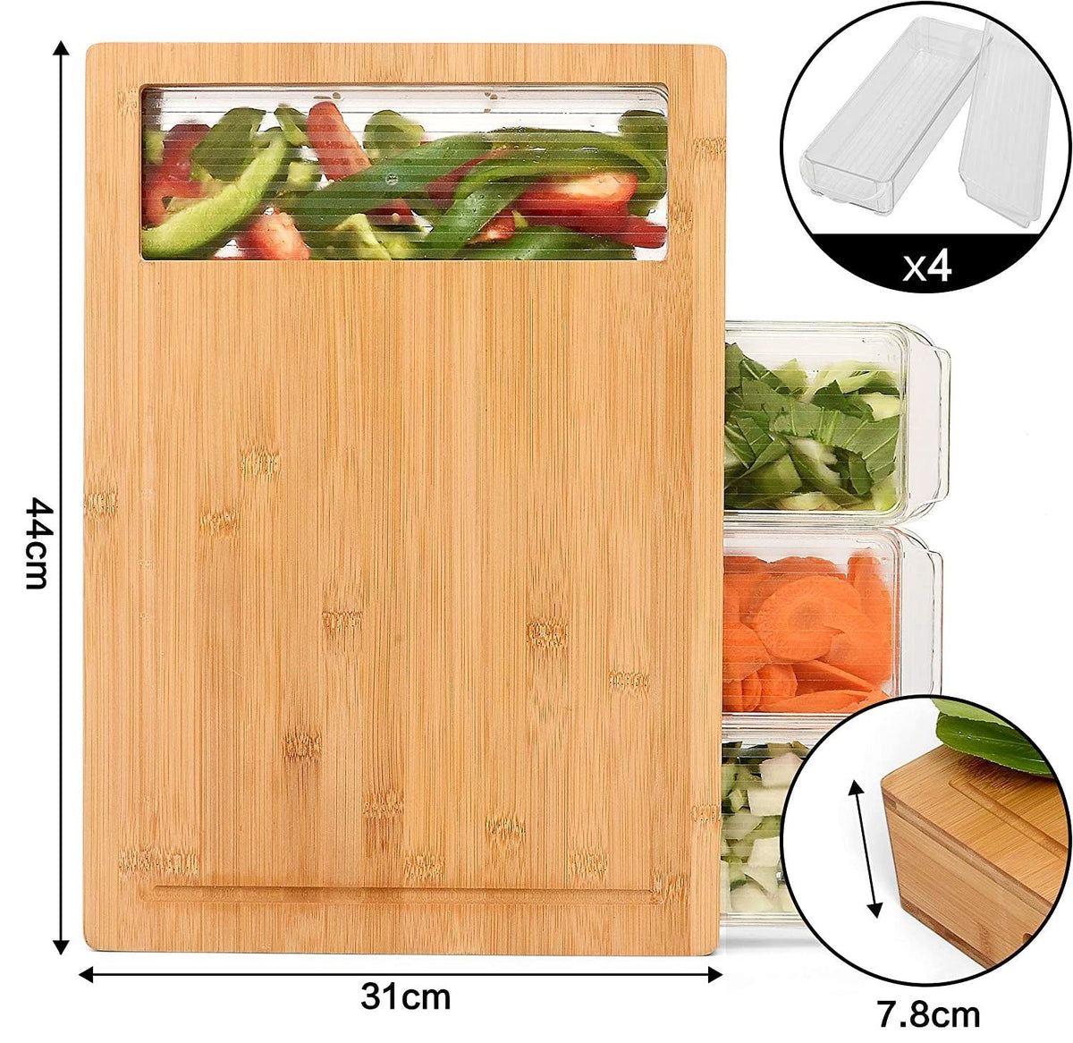 Large Bamboo Cutting Board and 4 Containers with Mobile Holder gift included for Home Kitchen V178-36021