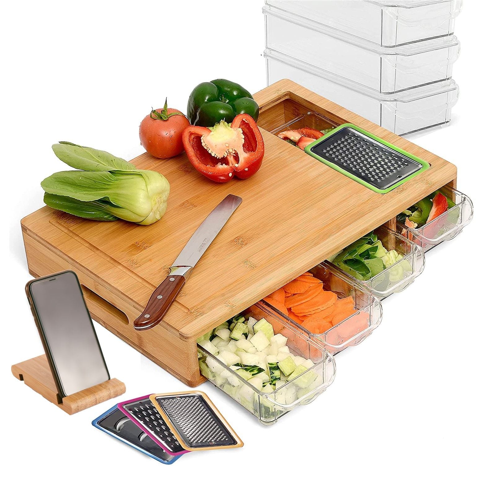 Large Bamboo Cutting Board and 4 Containers with Mobile Holder gift included for Home Kitchen V178-36021