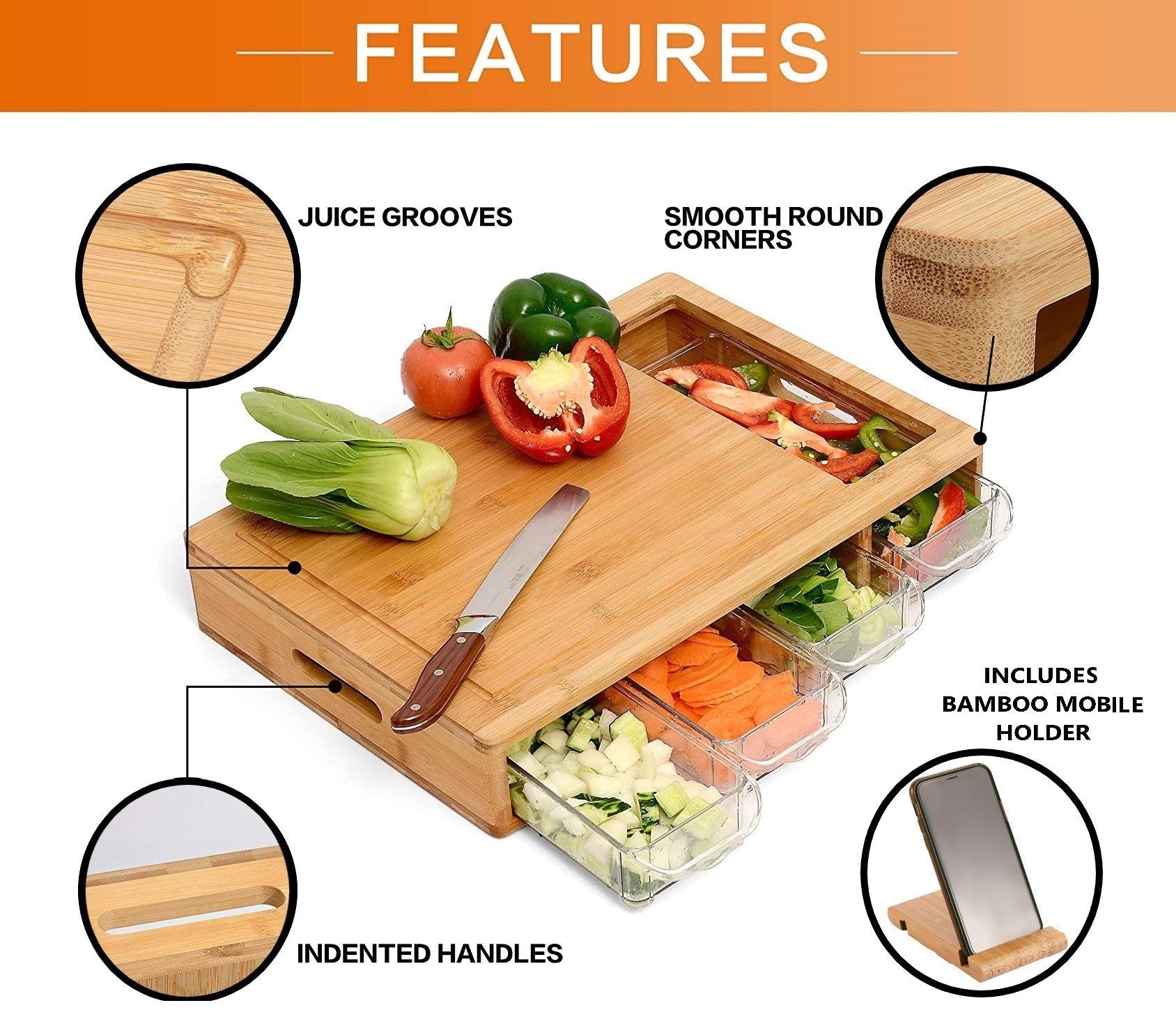 Large Bamboo Cutting Board and 4 Containers with Mobile Holder gift included for Home Kitchen V178-36021
