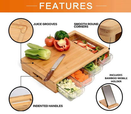 Large Bamboo Cutting Board and 4 Containers with Mobile Holder gift included for Home Kitchen V178-36021