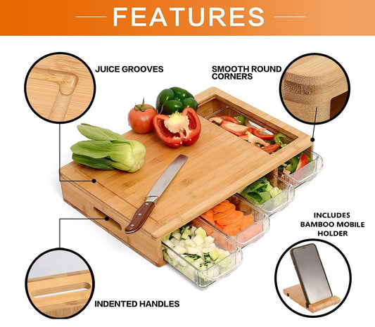 Large Bamboo Cutting Board and 4 Containers with Mobile Holder gift included for Home Kitchen V178-36021