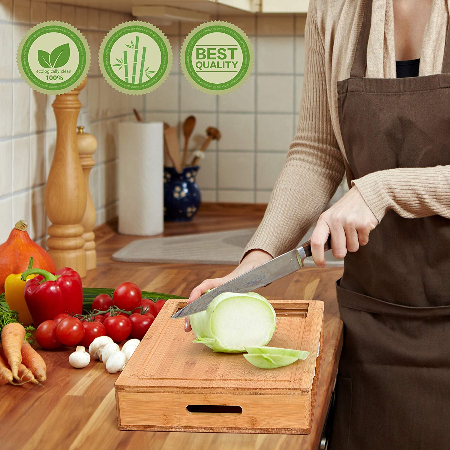 Large Bamboo Cutting Board and 4 Containers with Mobile Holder gift included for Home Kitchen V178-36021