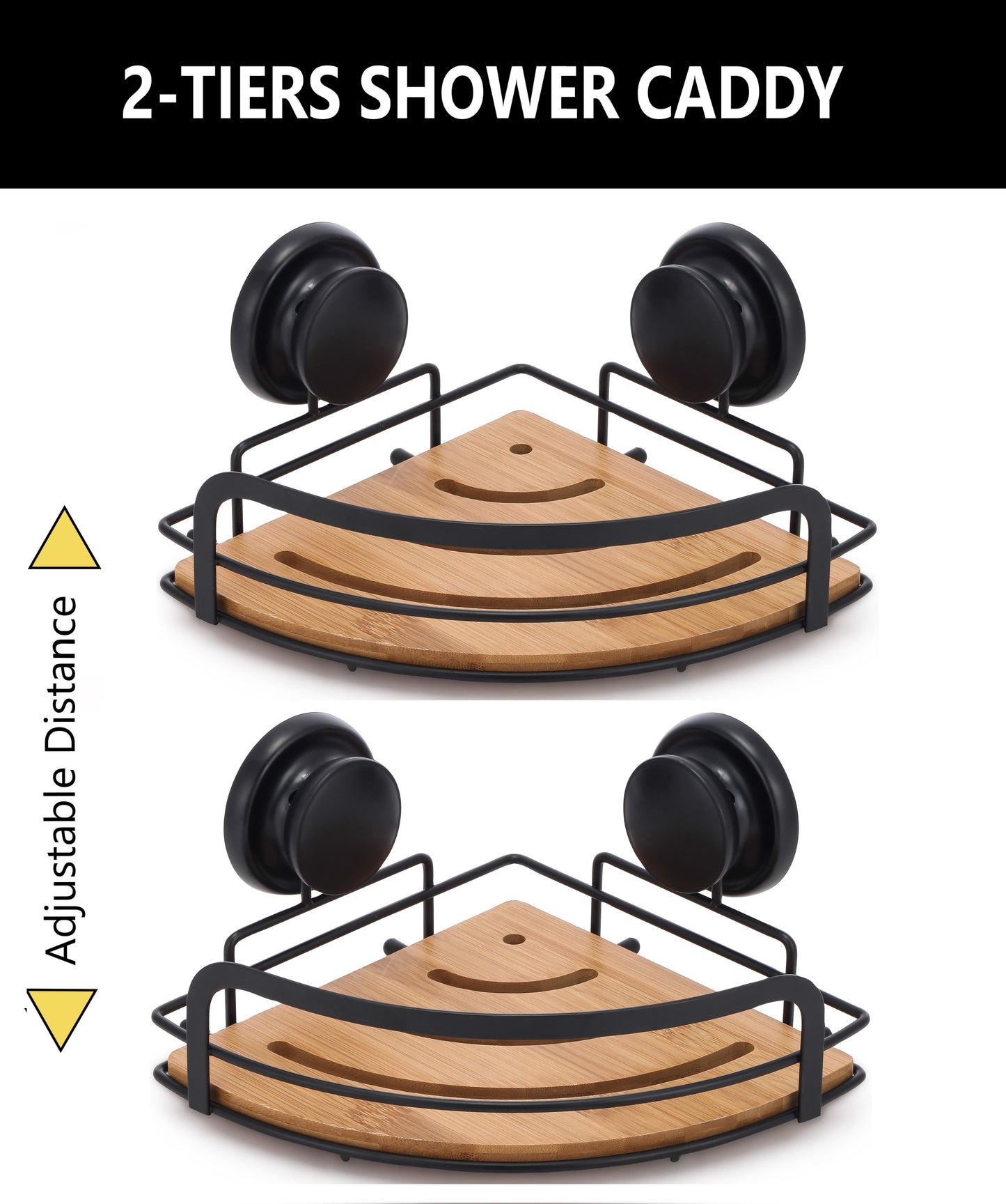 2 Pack Round Bamboo Corner Shower Caddy Shelf Basket Rack with Premium Vacuum Suction Cup No-Drilling for V178-36025