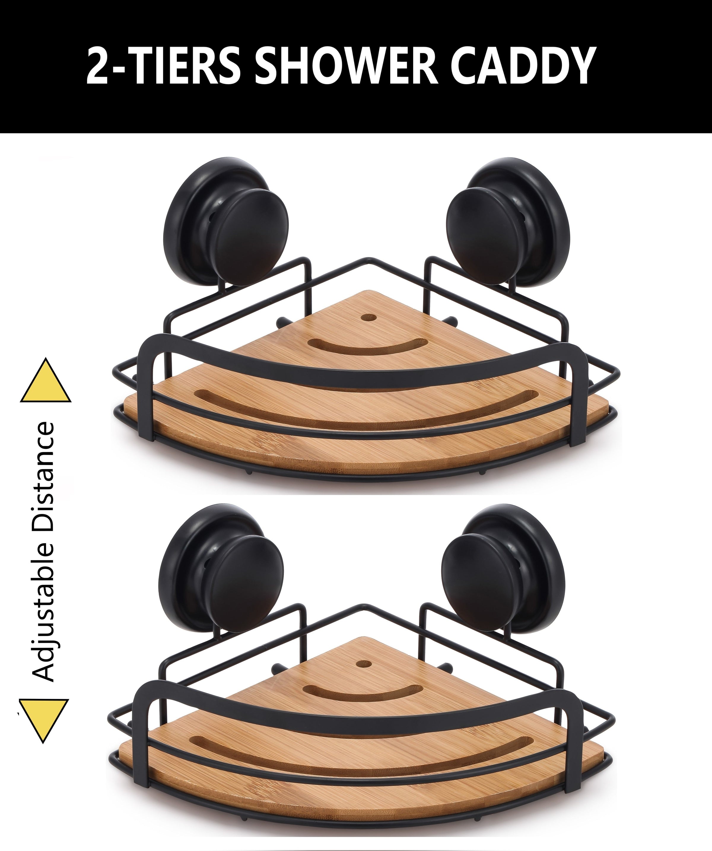 2 Pack Round Bamboo Corner Shower Caddy Shelf Basket Rack with Premium Vacuum Suction Cup No-Drilling for V178-36025