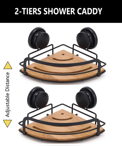 2 Pack Round Bamboo Corner Shower Caddy Shelf Basket Rack with Premium Vacuum Suction Cup No-Drilling for V178-36025