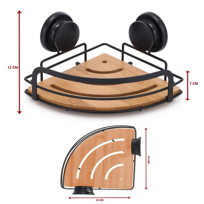 2 Pack Round Bamboo Corner Shower Caddy Shelf Basket Rack with Premium Vacuum Suction Cup No-Drilling for V178-36025