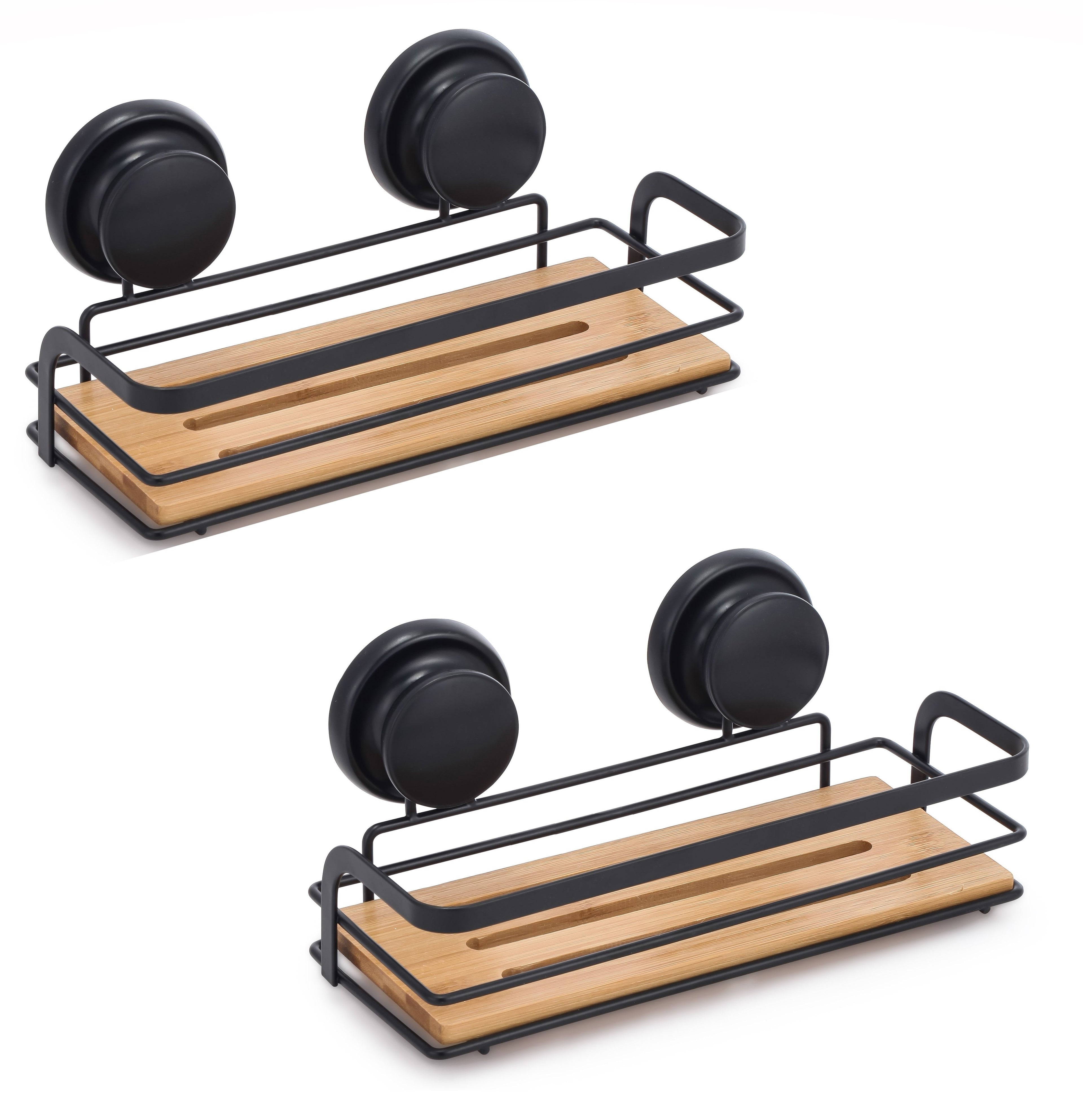 2 Pack Rectangular Bamboo Corner Shower Caddy Shelf Basket Rack with Premium Vacuum Suction Cup No-Drilling V178-36026