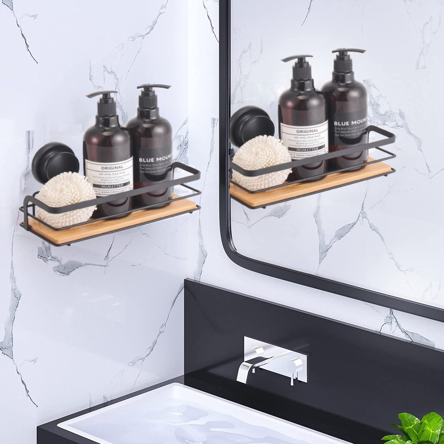 2 Pack Rectangular Bamboo Corner Shower Caddy Shelf Basket Rack with Premium Vacuum Suction Cup No-Drilling V178-36026