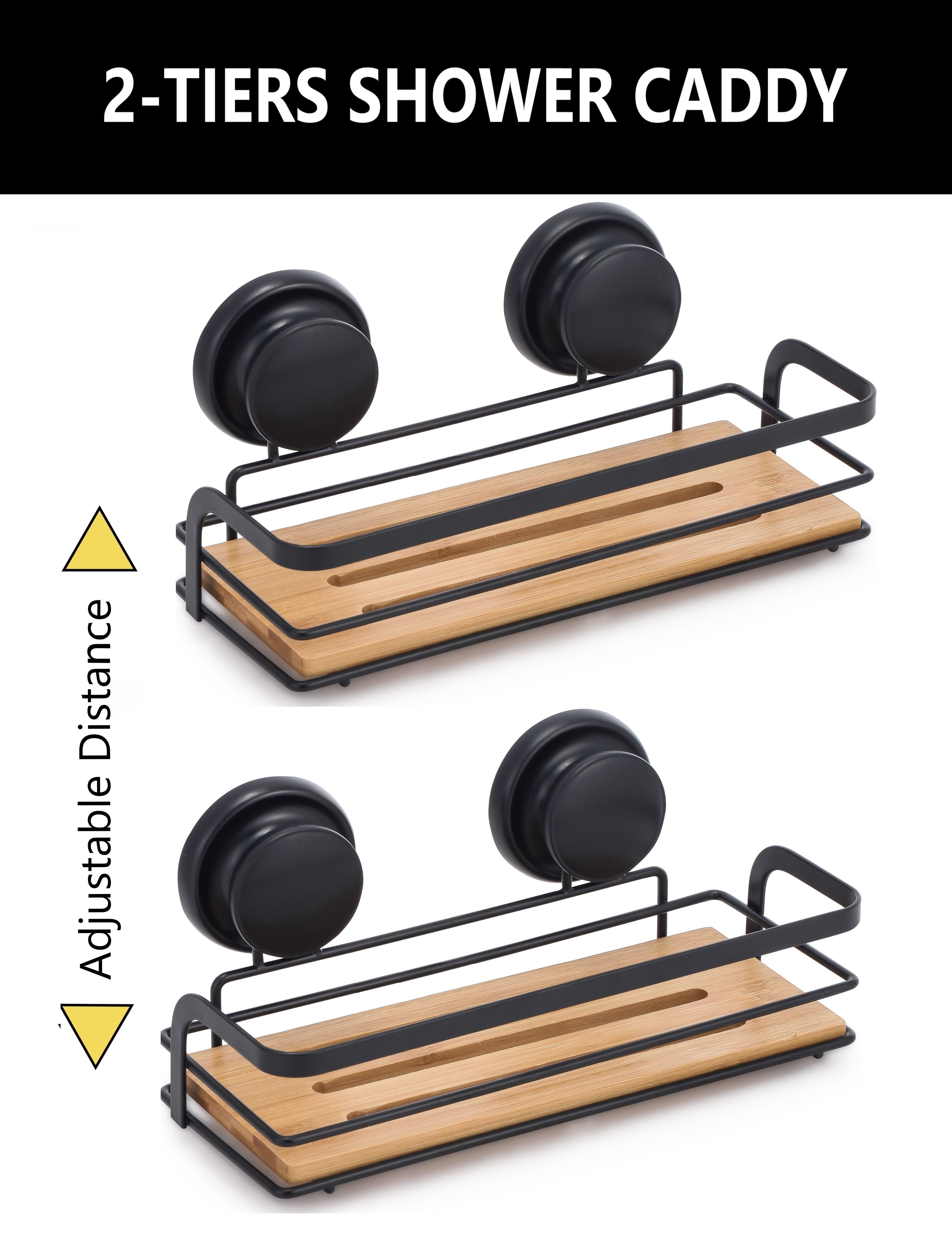 2 Pack Rectangular Bamboo Corner Shower Caddy Shelf Basket Rack with Premium Vacuum Suction Cup No-Drilling V178-36026