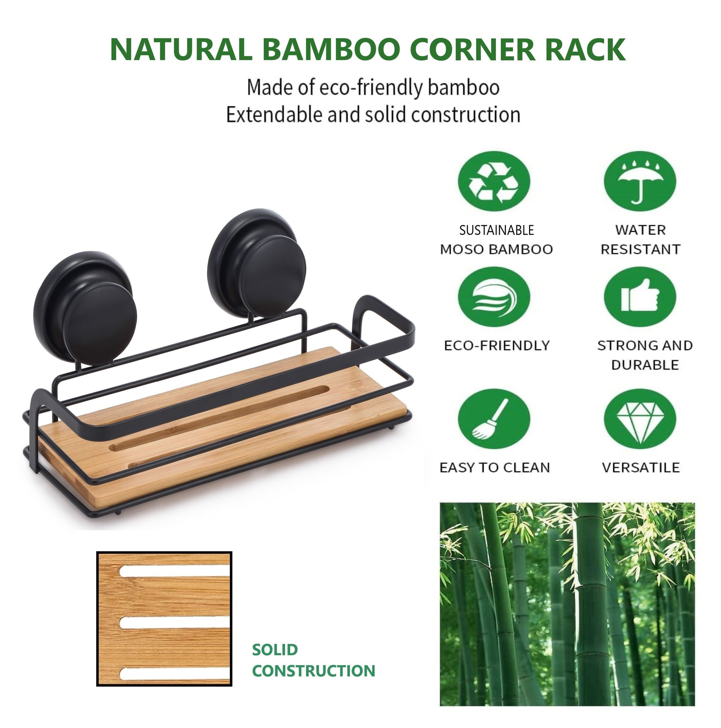 2 Pack Rectangular Bamboo Corner Shower Caddy Shelf Basket Rack with Premium Vacuum Suction Cup No-Drilling V178-36026