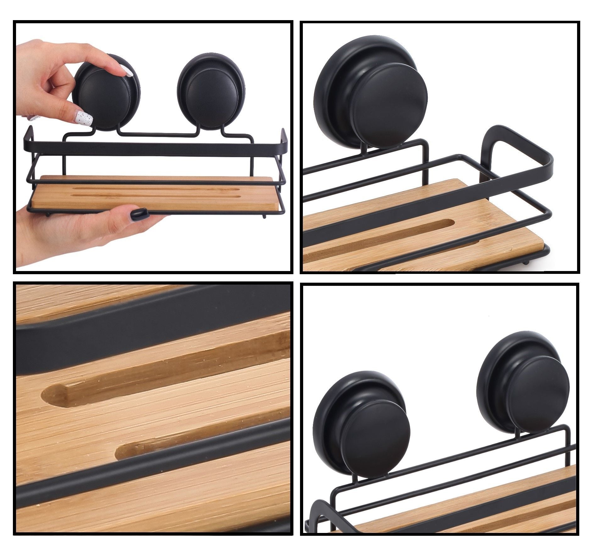 2 Pack Rectangular Bamboo Corner Shower Caddy Shelf Basket Rack with Premium Vacuum Suction Cup No-Drilling V178-36026
