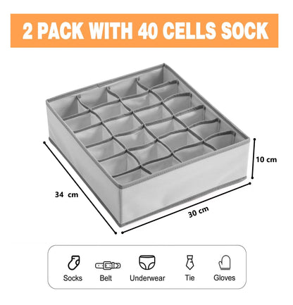 Set of 2 Fabric Drawer Organizer Divider Storage Boxes for Storing Socks, Underwear, Ties, Scarves (Grey) V178-36036