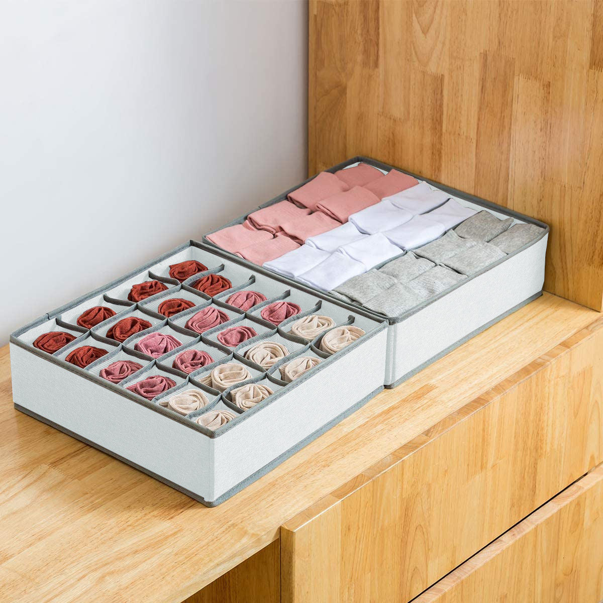 Set of 2 Fabric Drawer Organizer Divider Storage Boxes for Storing Socks, Underwear, Ties, Scarves (Grey) V178-36036
