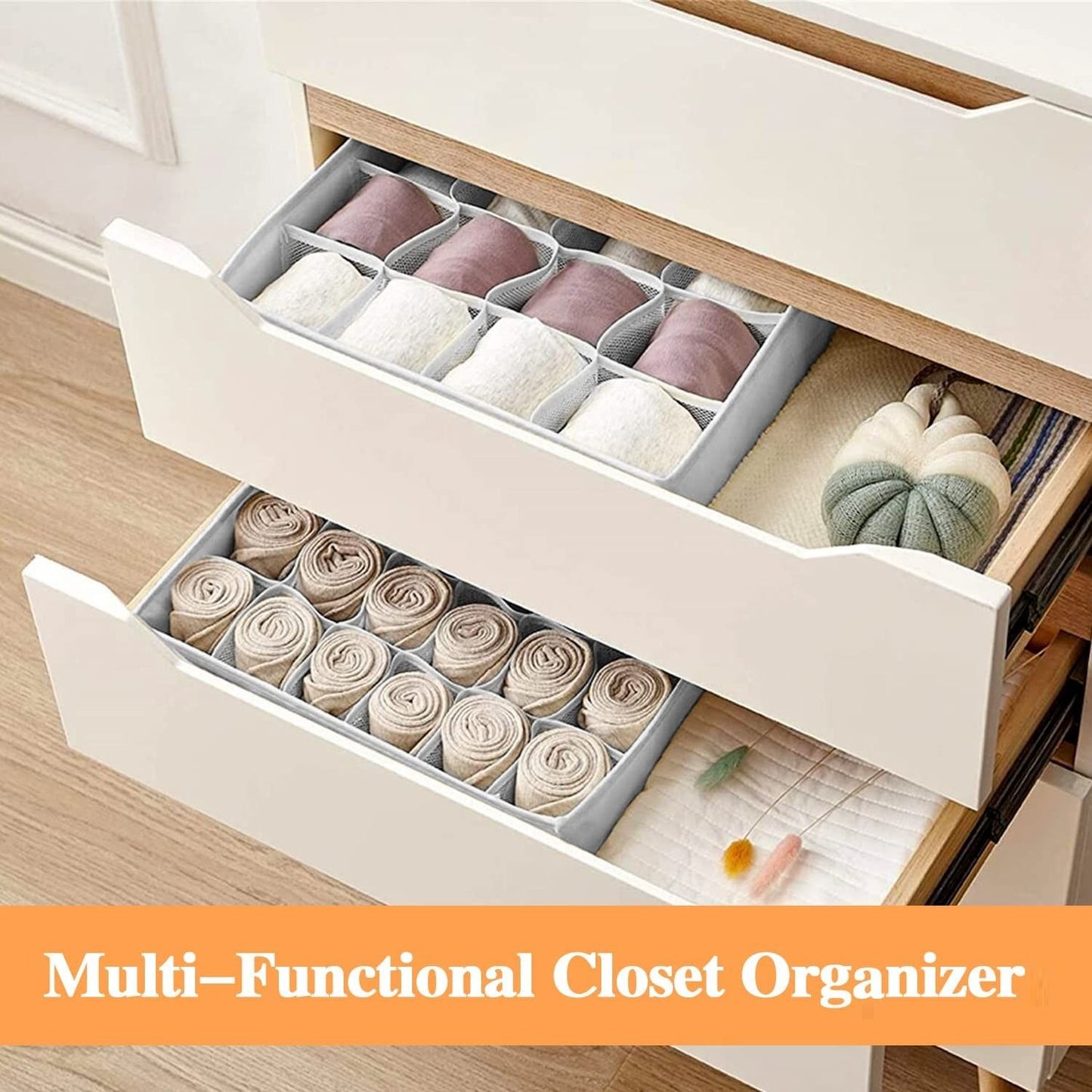 Set of 2 Fabric Drawer Organizer Divider Storage Boxes for Storing Socks, Underwear, Ties, Scarves (Grey) V178-36036