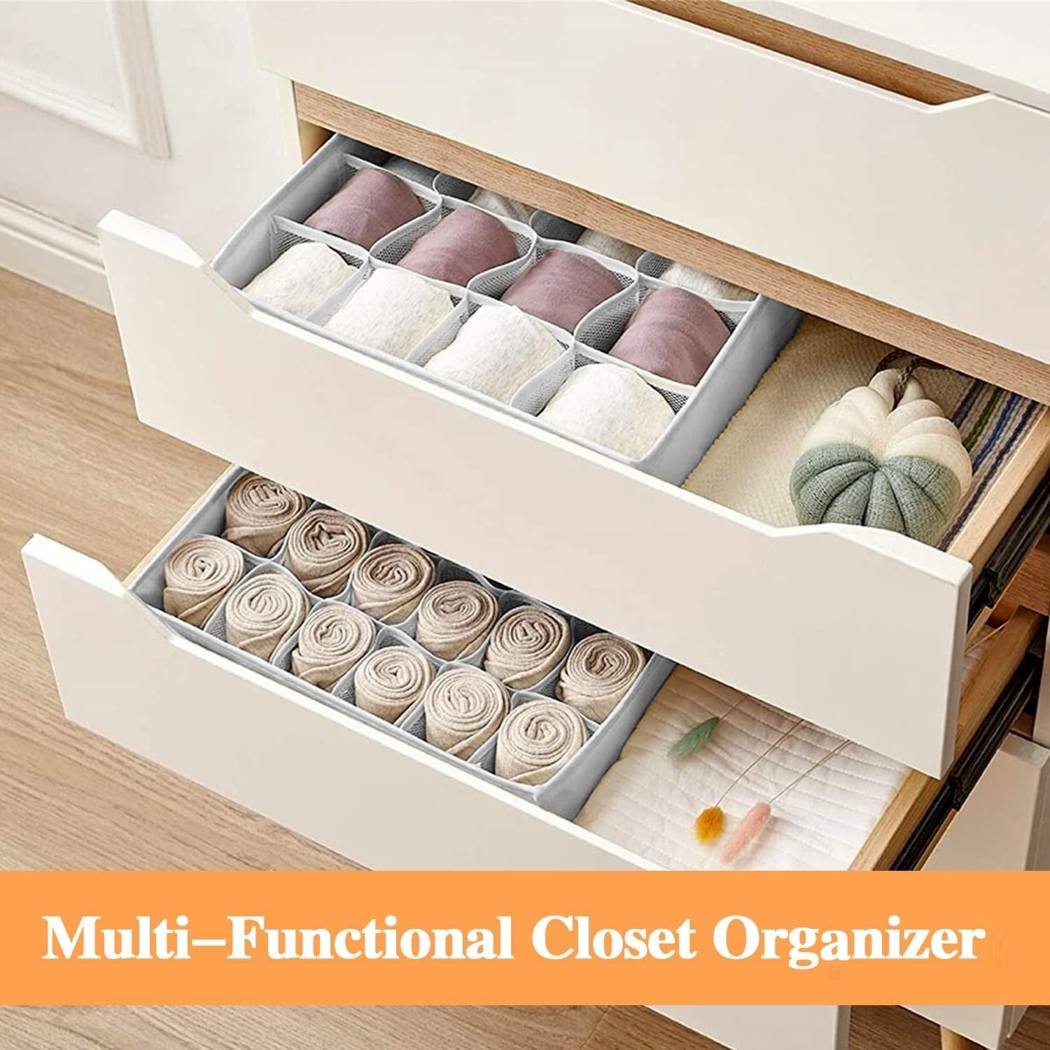 Set of 2 Fabric Drawer Organizer Divider Storage Boxes for Storing Socks, Underwear, Ties, Scarves (Grey) V178-36036