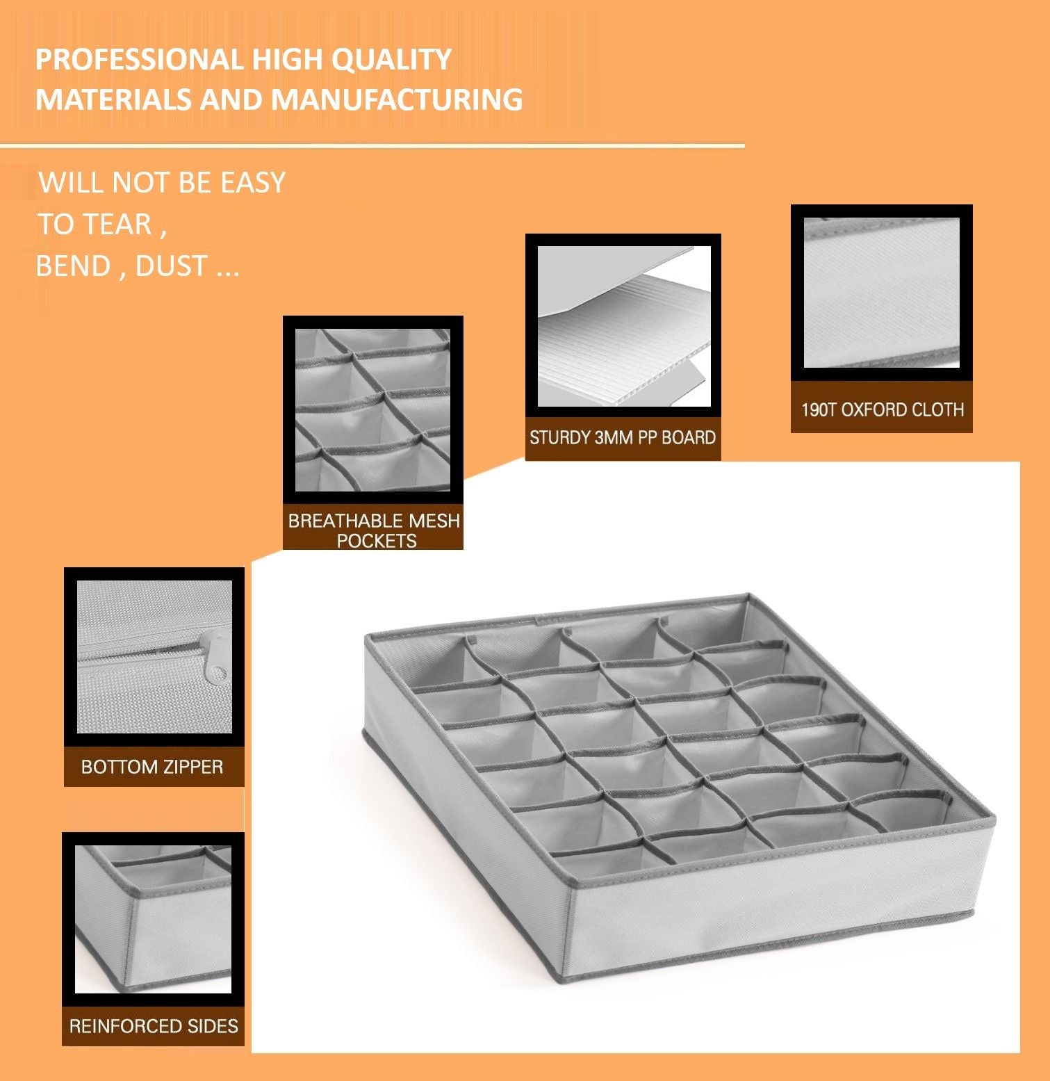 Set of 2 Fabric Drawer Organizer Divider Storage Boxes for Storing Socks, Underwear, Ties, Scarves (Grey) V178-36036