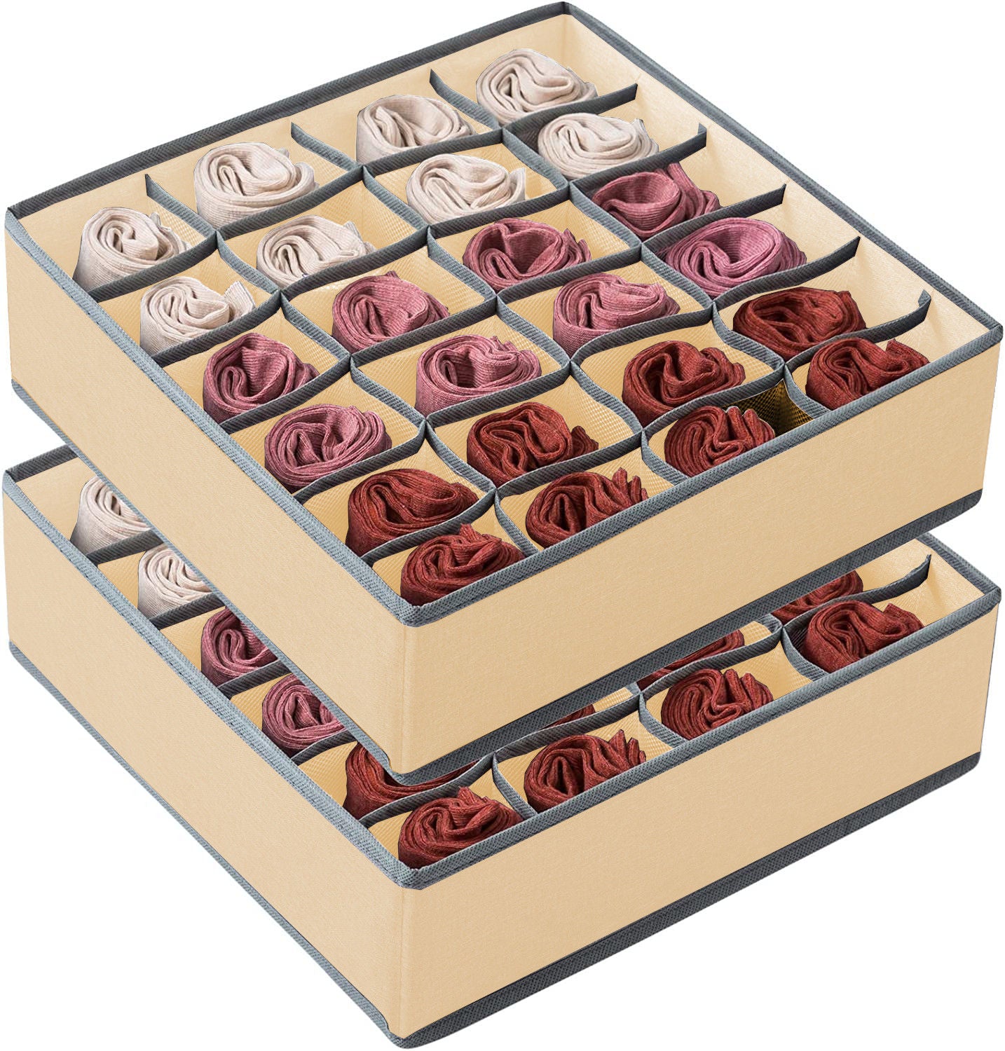 Set of 2 Fabric Drawer Organizer Divider Storage Boxes for Storing Socks, Underwear, Ties, Scarves (Beige) V178-36037