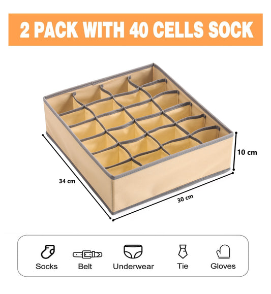 Set of 2 Fabric Drawer Organizer Divider Storage Boxes for Storing Socks, Underwear, Ties, Scarves (Beige) V178-36037