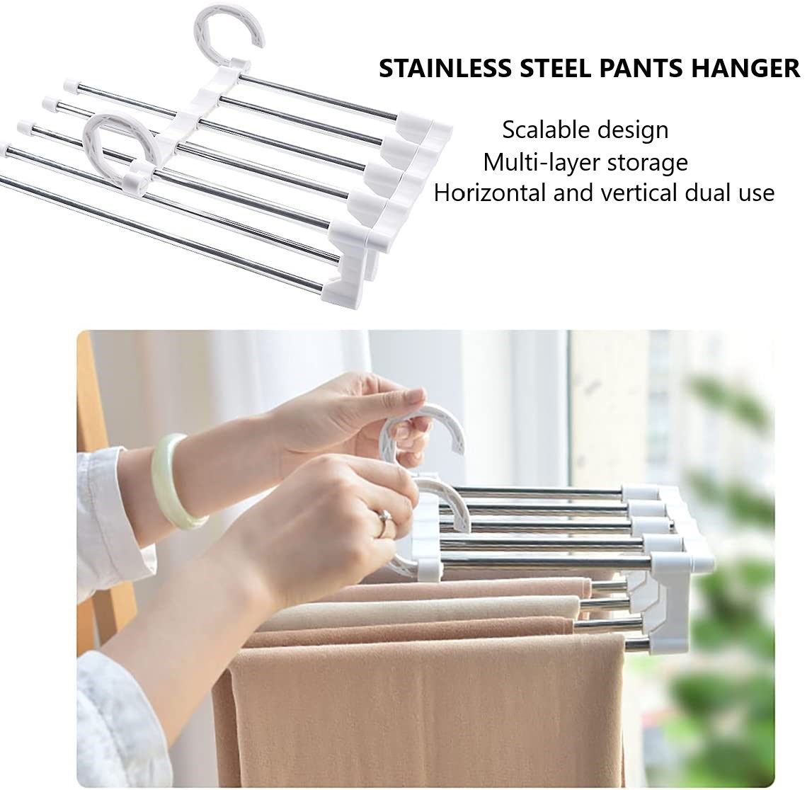 2 Pack Stainless Steel Adjustable 5 in 1 Pants Hangers Non-Slip Space Saving for Home Storage V178-36041