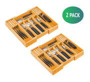 2 Pack Large Capacity Bamboo Expandable Drawer Organizer with Knife Block Holder for Home Kitchen Utensils V178-36043