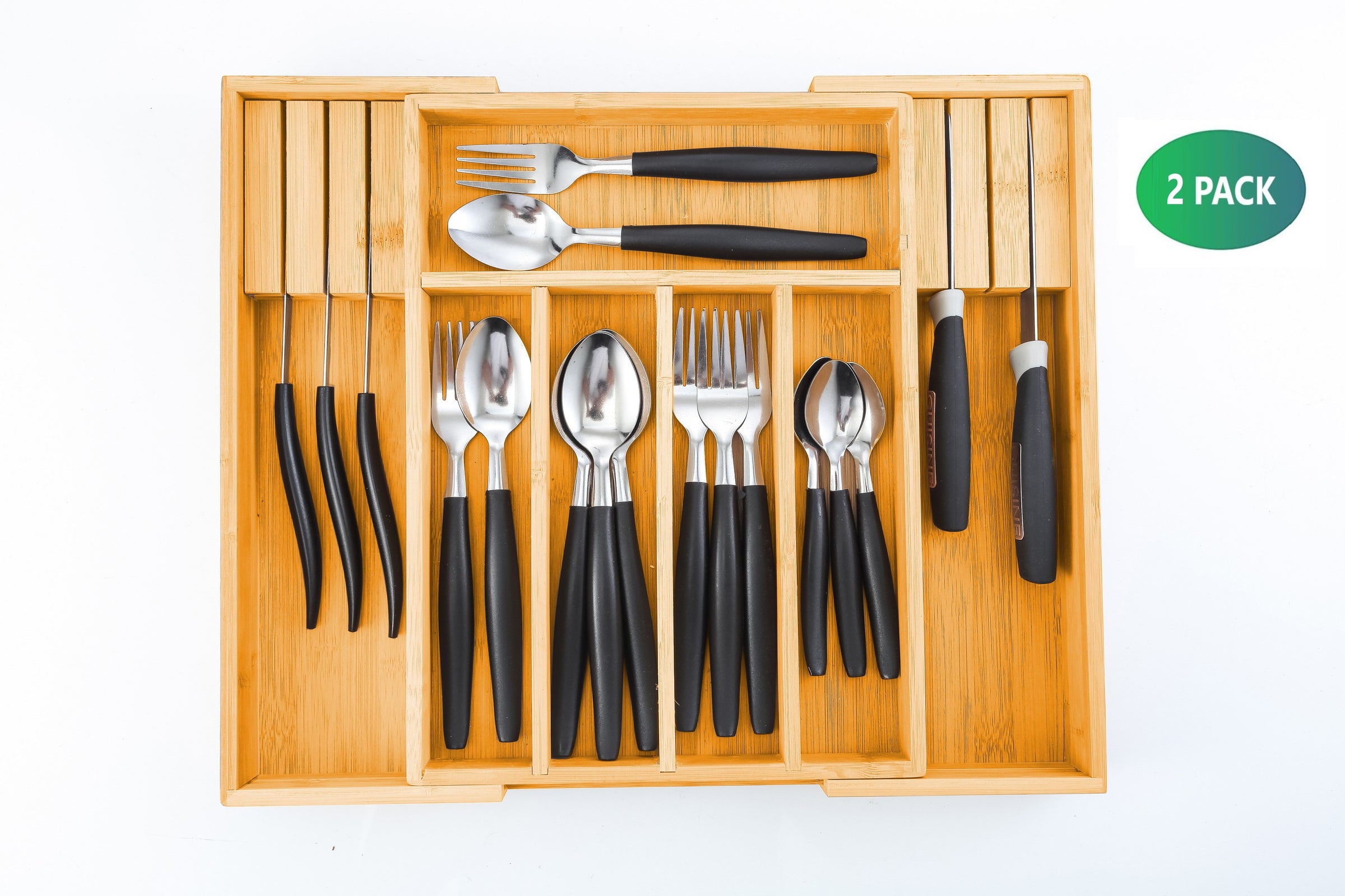 2 Pack Large Capacity Bamboo Expandable Drawer Organizer with Knife Block Holder for Home Kitchen Utensils V178-36043