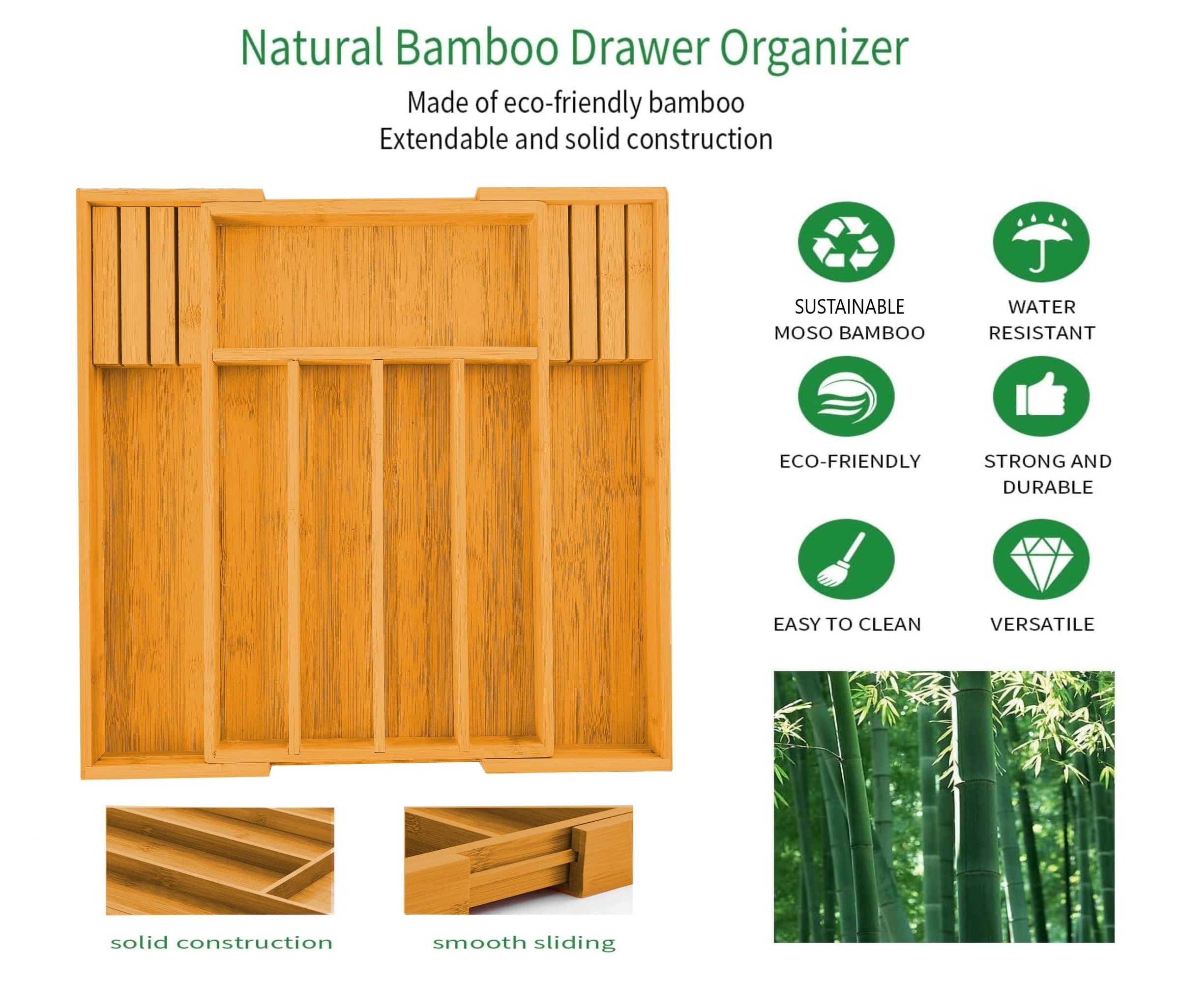 2 Pack Large Capacity Bamboo Expandable Drawer Organizer with Knife Block Holder for Home Kitchen Utensils V178-36043