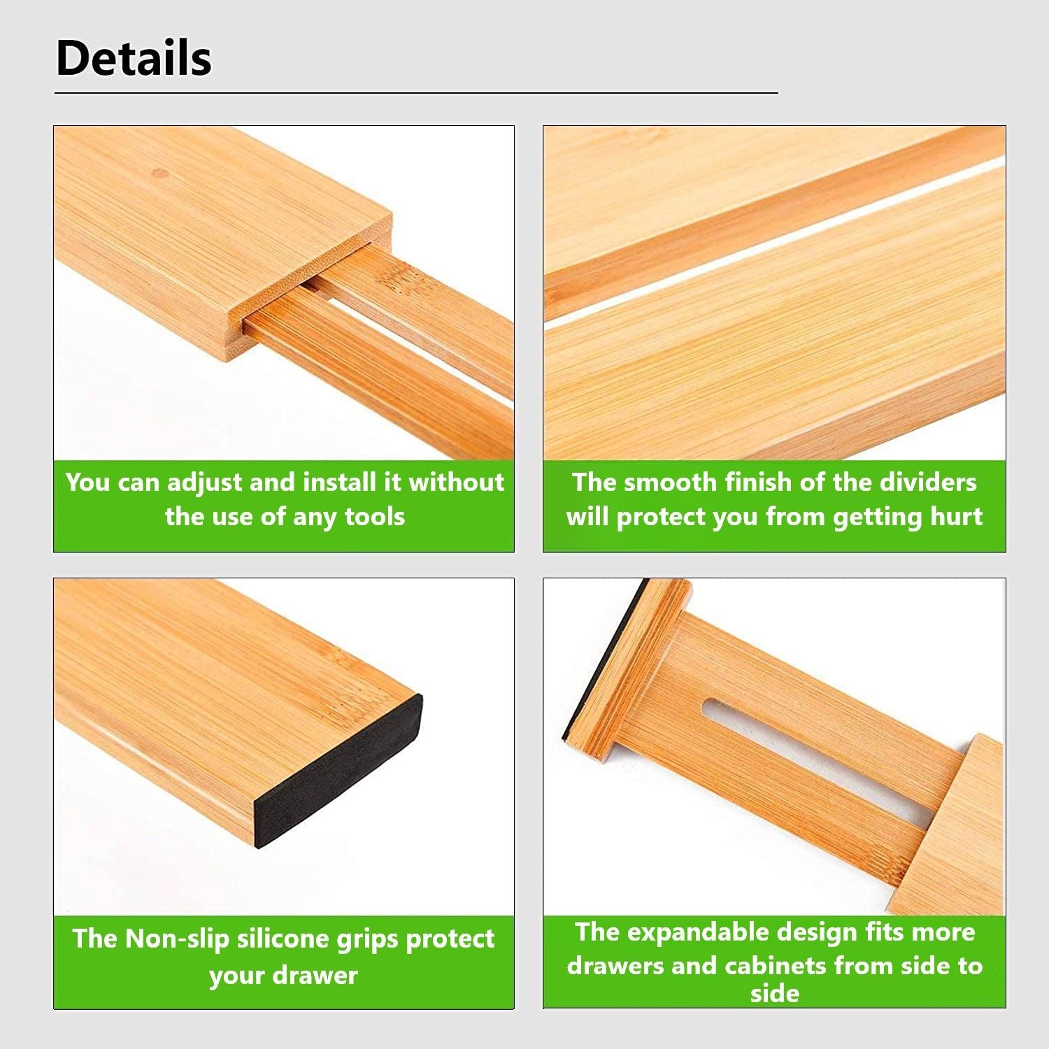 8 Pack Bamboo Adjustable Kitchen Drawer Dividers (Large, 44-55 cm) V178-36045