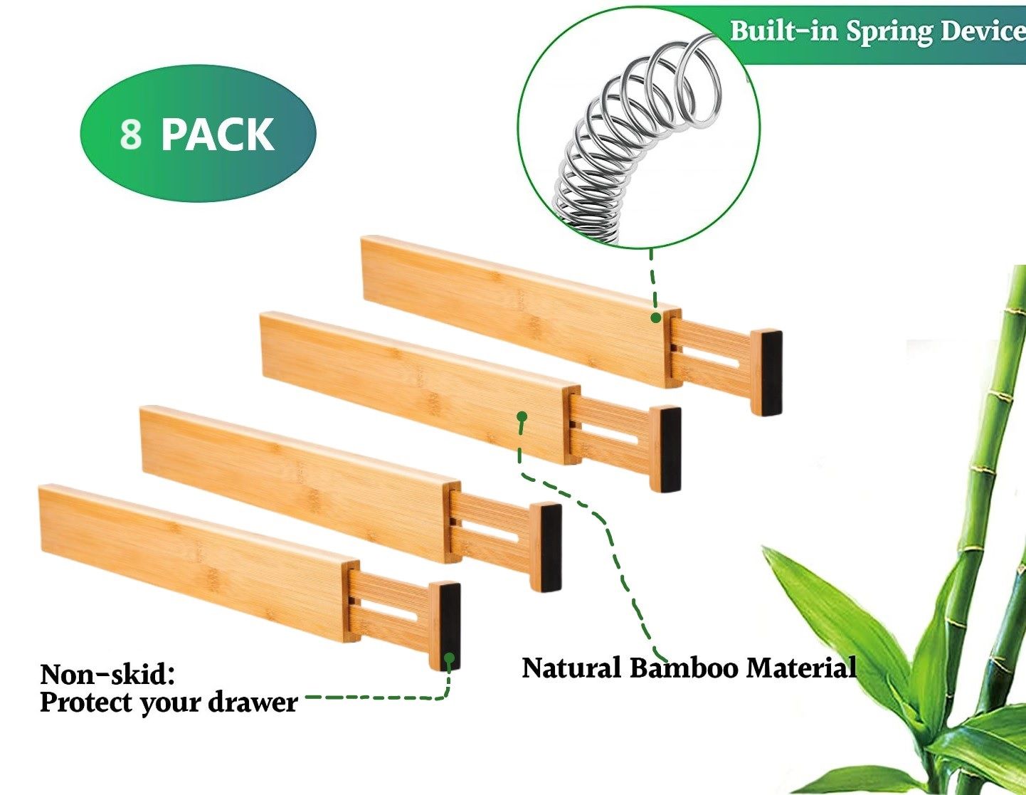8 Pack Bamboo Adjustable Kitchen Drawer Dividers (Large, 44-55 cm) V178-36045