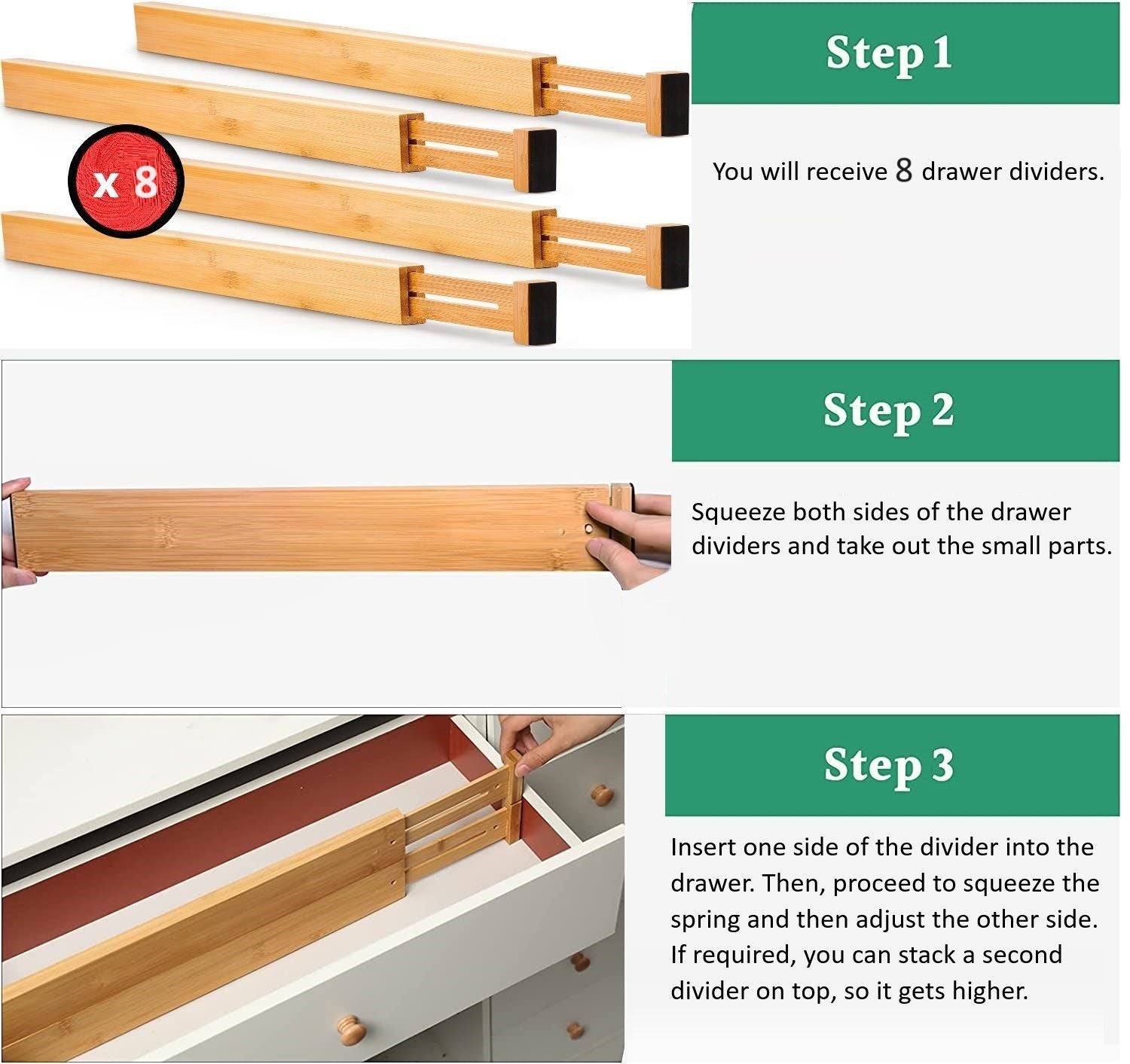 8 Pack Bamboo Adjustable Kitchen Drawer Dividers (Large, 44-55 cm) V178-36045