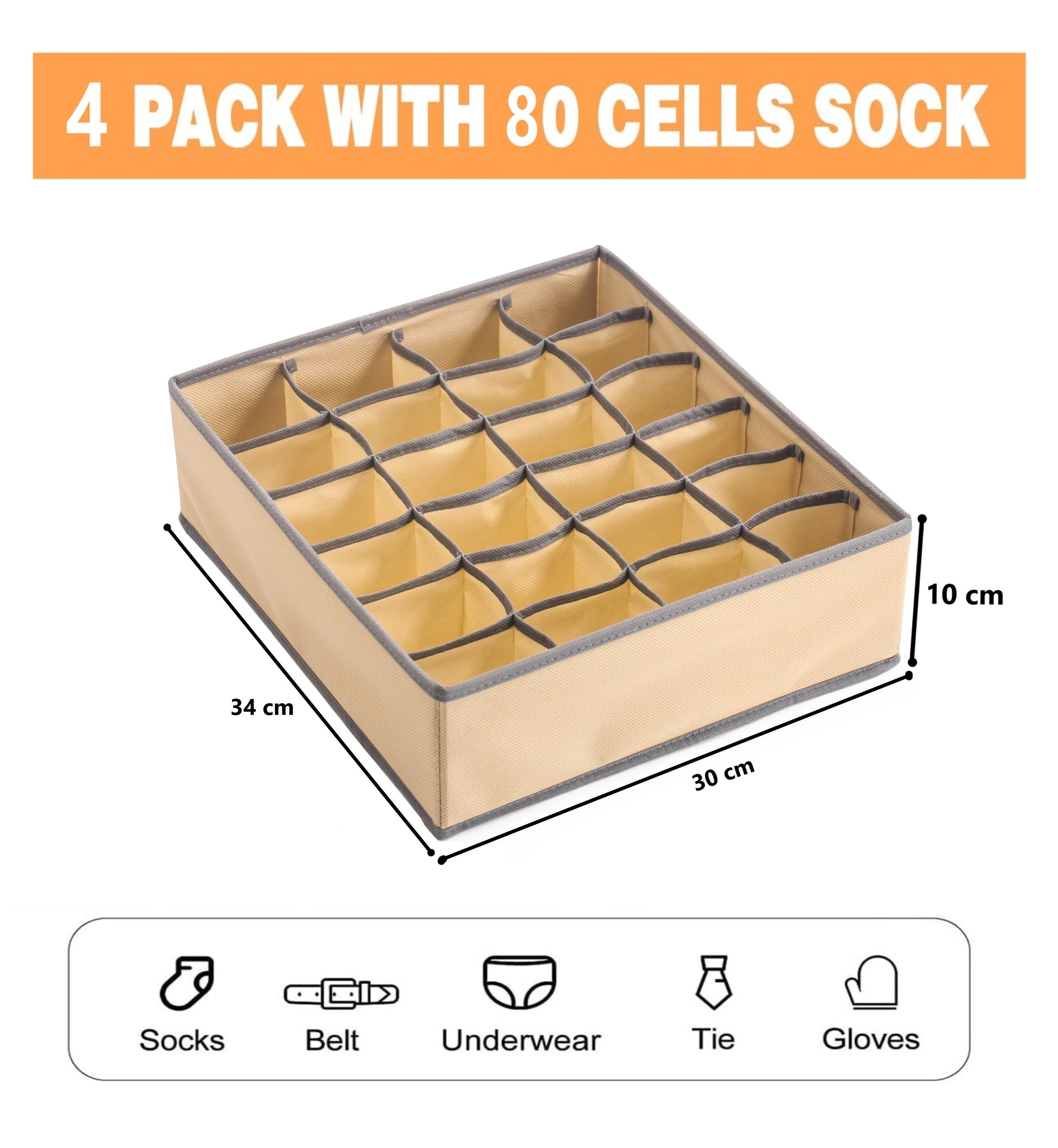 Set of 4 Fabric Drawer Organizer Divider Storage Boxes for Storing Socks, Underwear, Ties, Scarves (Beige) V178-36052