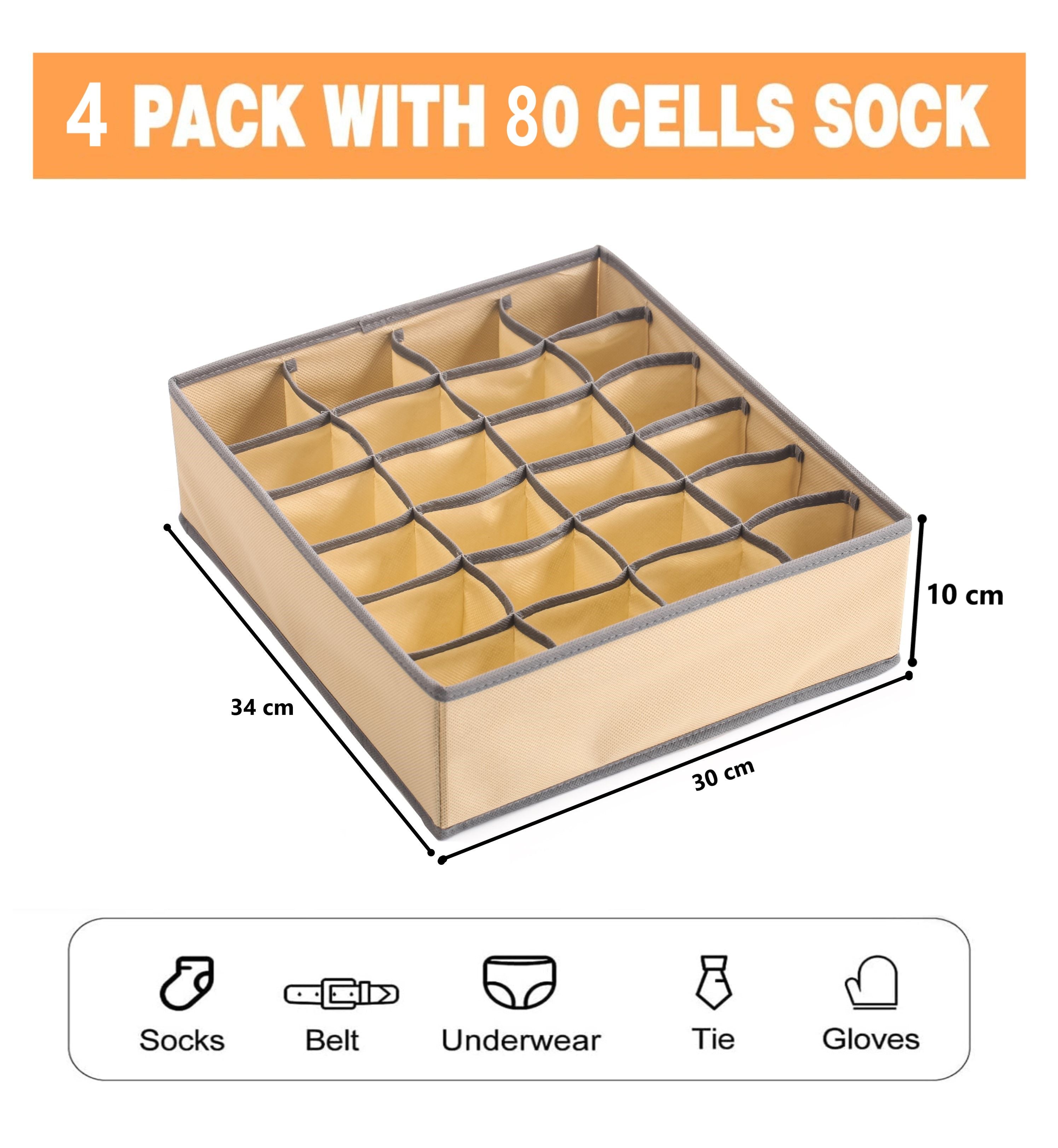 Set of 4 Fabric Drawer Organizer Divider Storage Boxes for Storing Socks, Underwear, Ties, Scarves (Beige) V178-36052