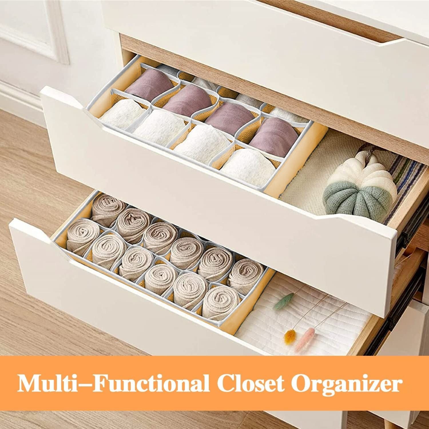 Set of 4 Fabric Drawer Organizer Divider Storage Boxes for Storing Socks, Underwear, Ties, Scarves (Beige) V178-36052