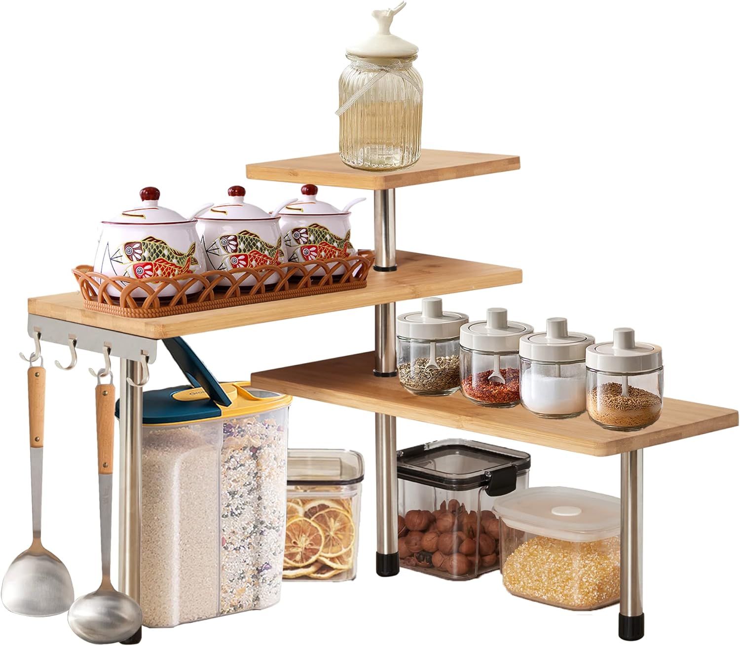 CARLA HOME 3 Tier Corner Shelf Kitchen Spice Rack Organiser with Hooks for Home Storage & Organisation V178-36059
