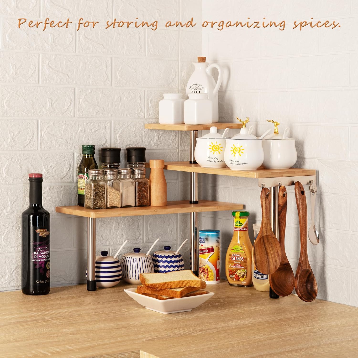 CARLA HOME 3 Tier Corner Shelf Kitchen Spice Rack Organiser with Hooks for Home Storage & Organisation V178-36059