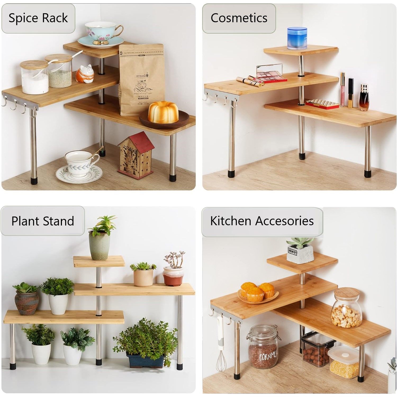 CARLA HOME 3 Tier Corner Shelf Kitchen Spice Rack Organiser with Hooks for Home Storage & Organisation V178-36059