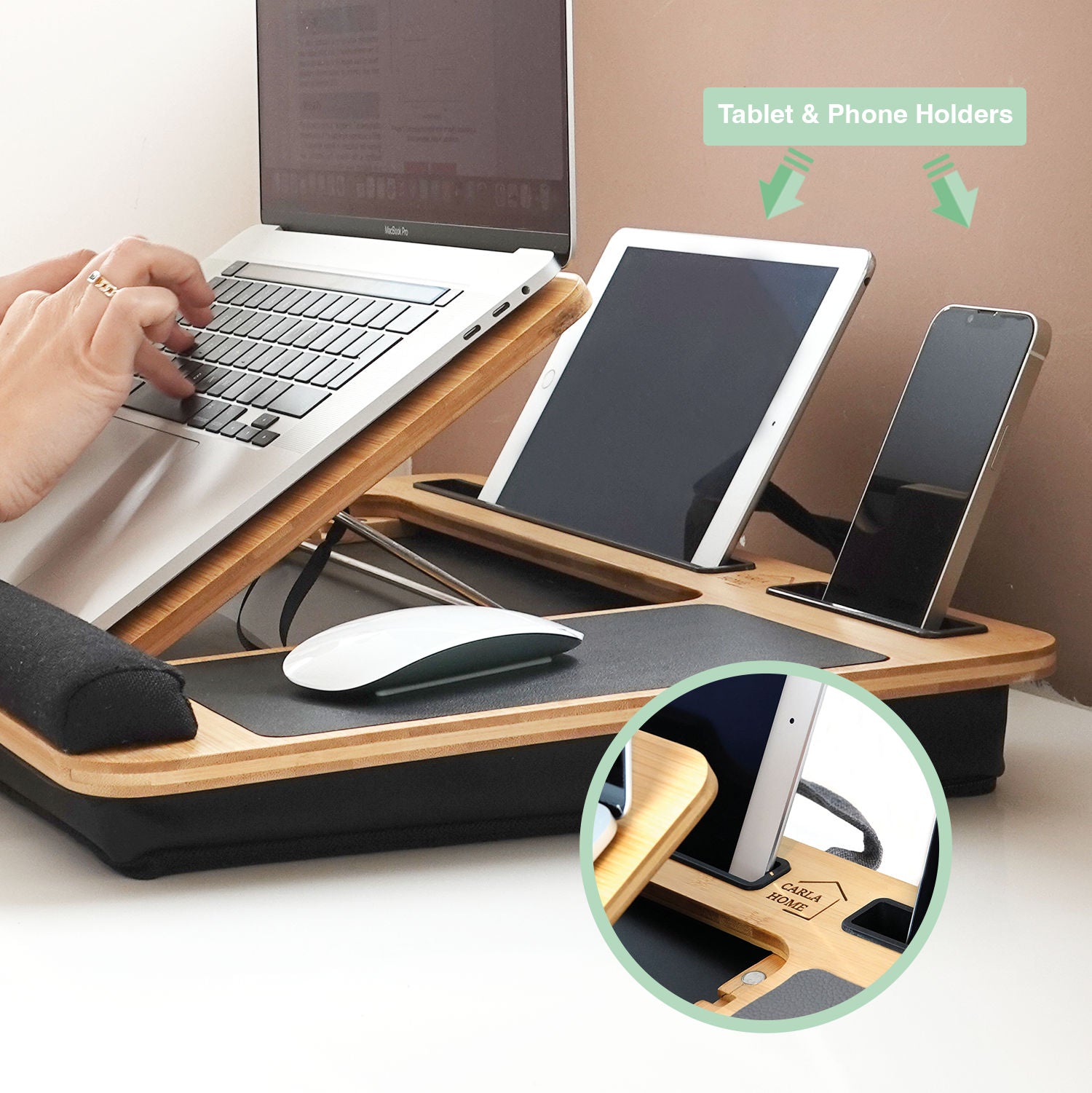 CARLA HOME Bamboo Laptop Lap Desk with Cushion and Angle Adjustable for Office and Home V178-36067