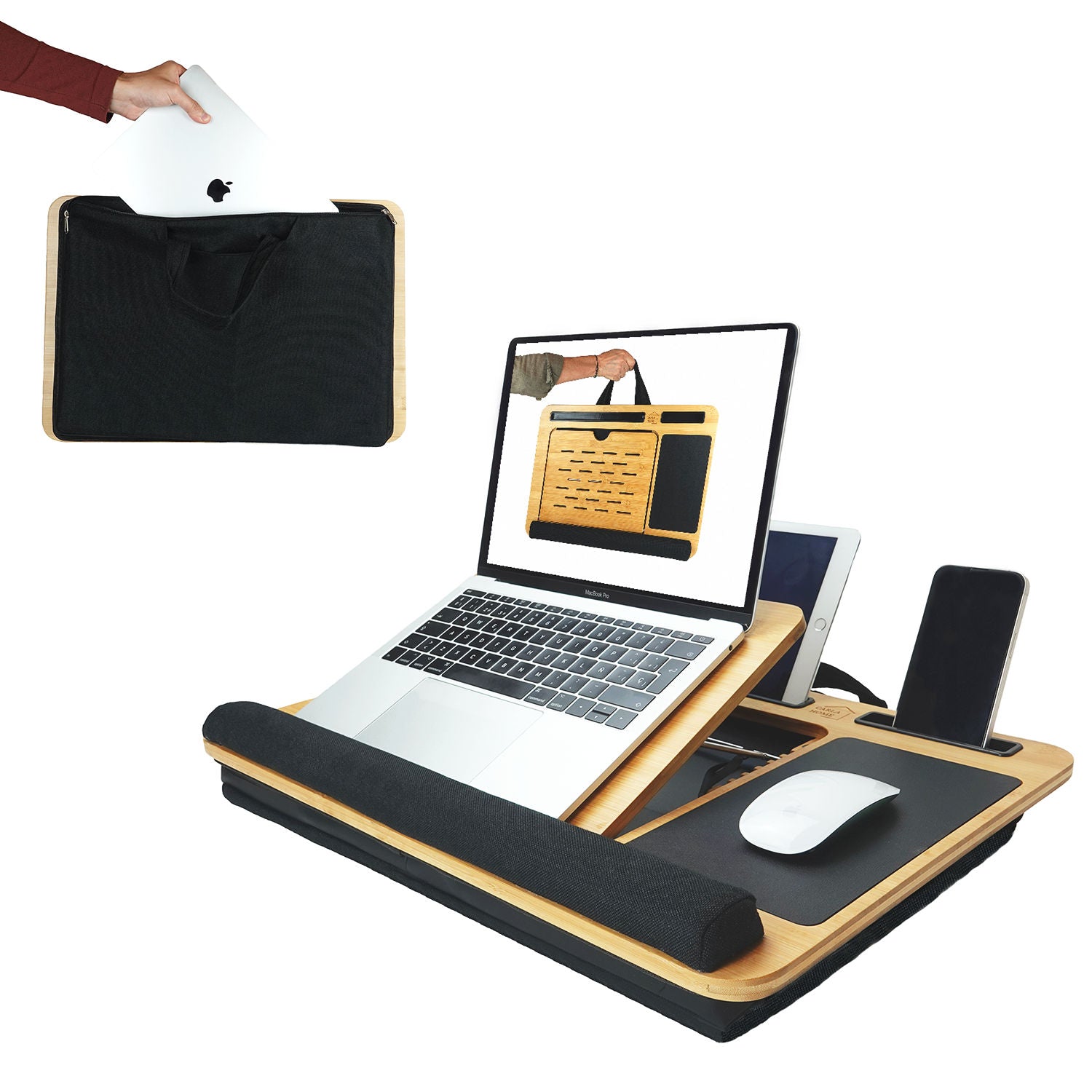 CARLA HOME Bamboo Laptop Lap Desk with Cushion, Angle Adjustable and Sleeve Case Bag for Office and Home V178-36068