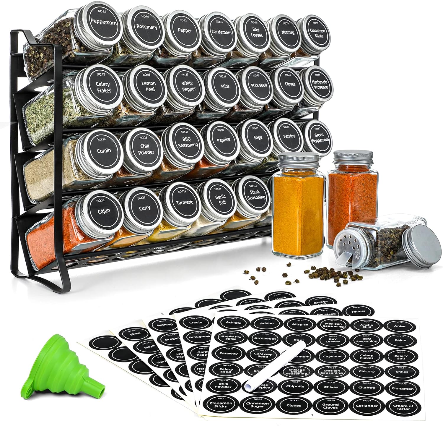 Spice Rack organiser with 28 Spice Jars, Spice Labels, Funnel and Marker for Kitchen Countertop V178-36079