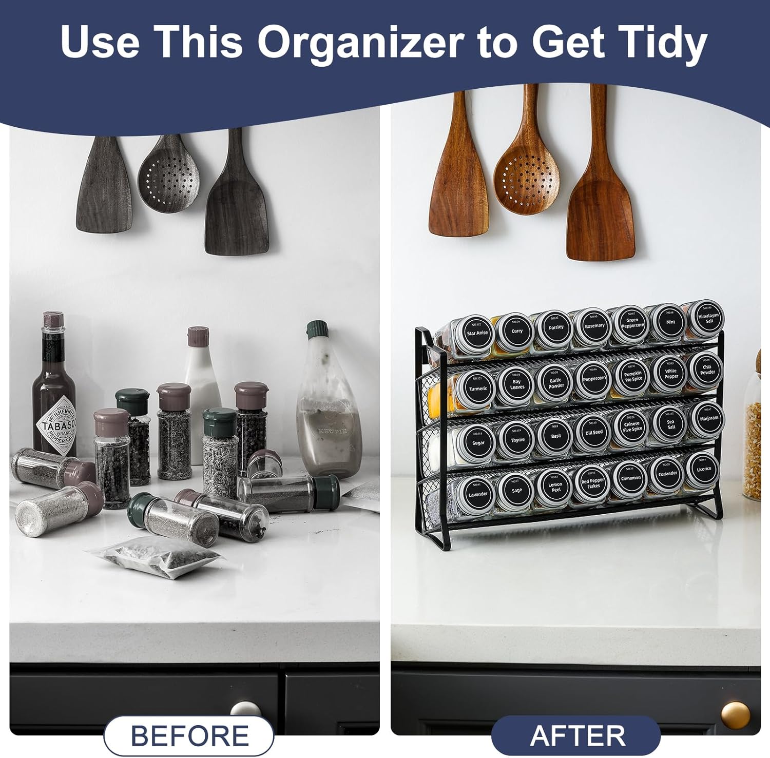 Spice Rack organiser with 28 Spice Jars, Spice Labels, Funnel and Marker for Kitchen Countertop V178-36079