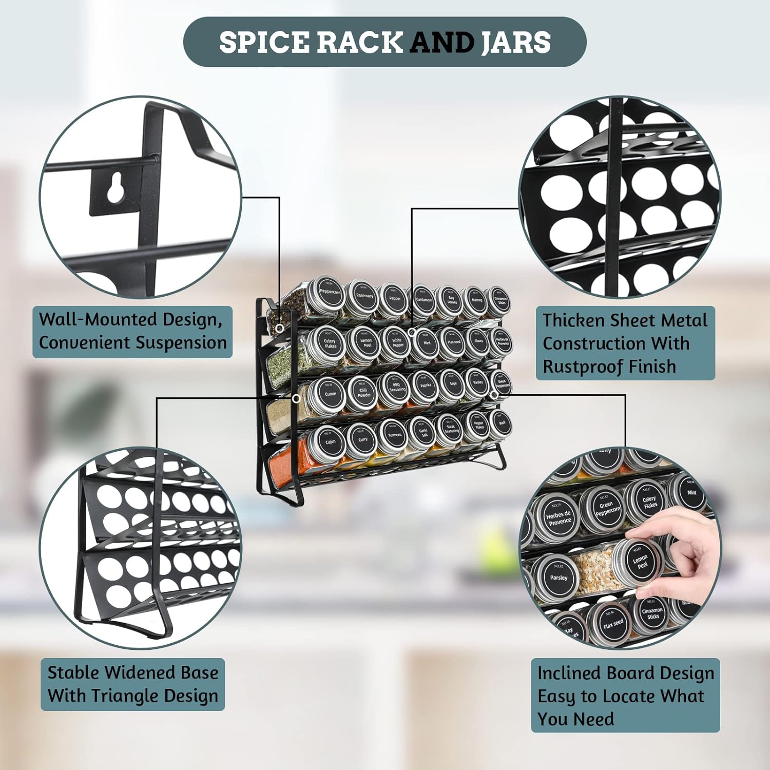 Spice Rack organiser with 28 Spice Jars, Spice Labels, Funnel and Marker for Kitchen Countertop V178-36079