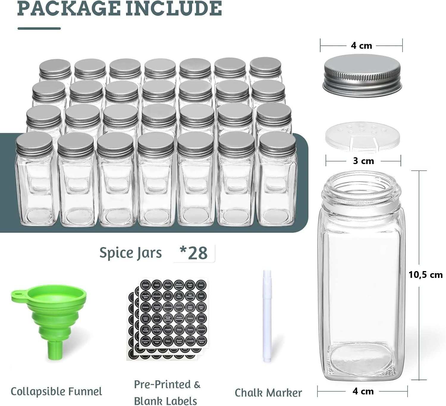 Spice Rack organiser with 28 Spice Jars, Spice Labels, Funnel and Marker for Kitchen Countertop V178-36079
