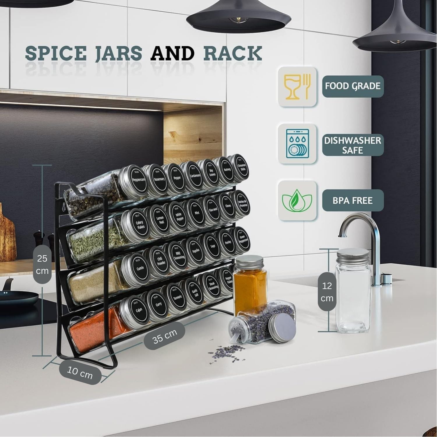 Spice Rack organiser with 28 Spice Jars, Spice Labels, Funnel and Marker for Kitchen Countertop V178-36079
