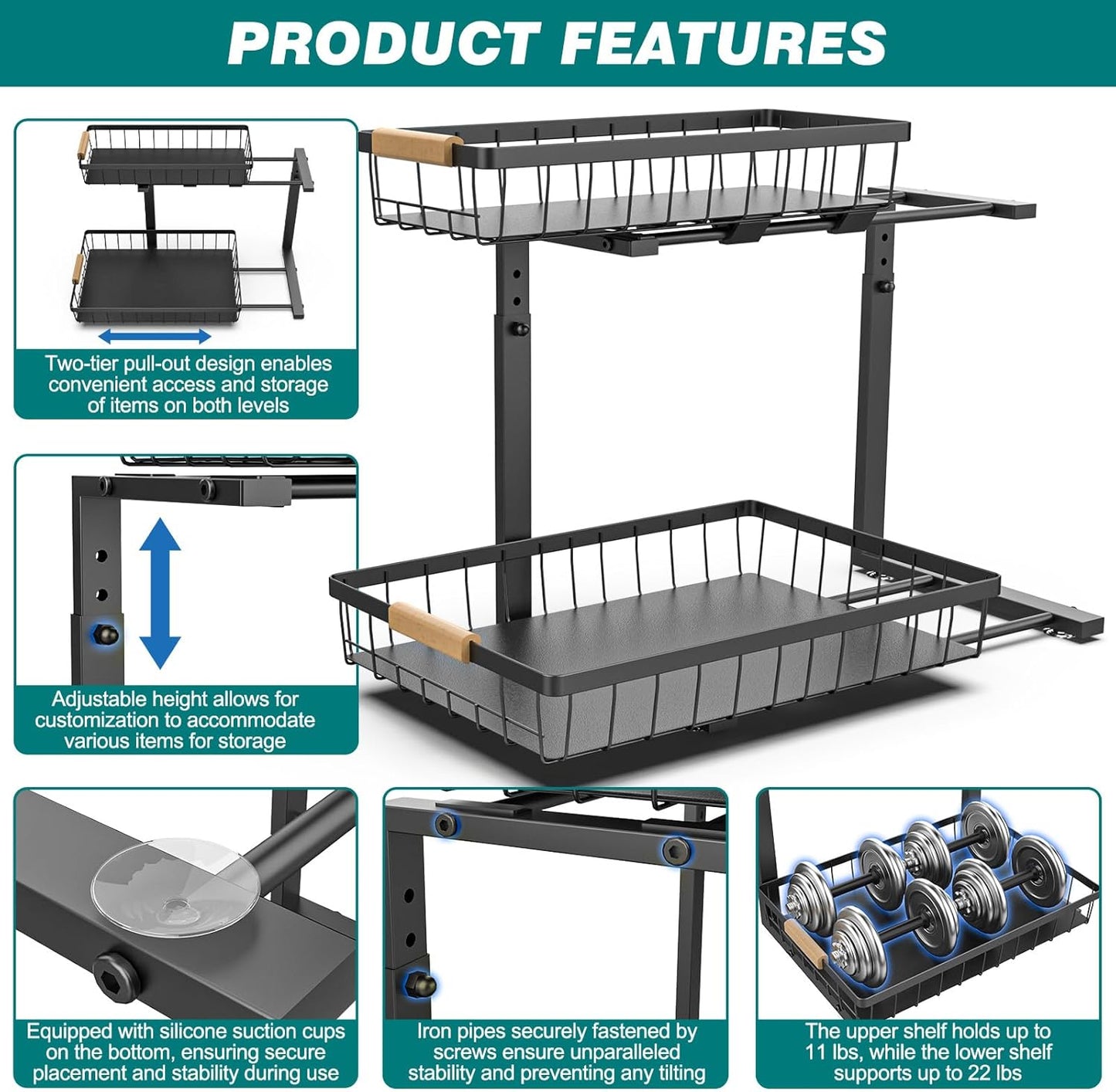 2-Tier Kitchen Under Sink Organiser Storage with Height Adjustable, Unique Slide Rail & Suction Cups for V178-36080