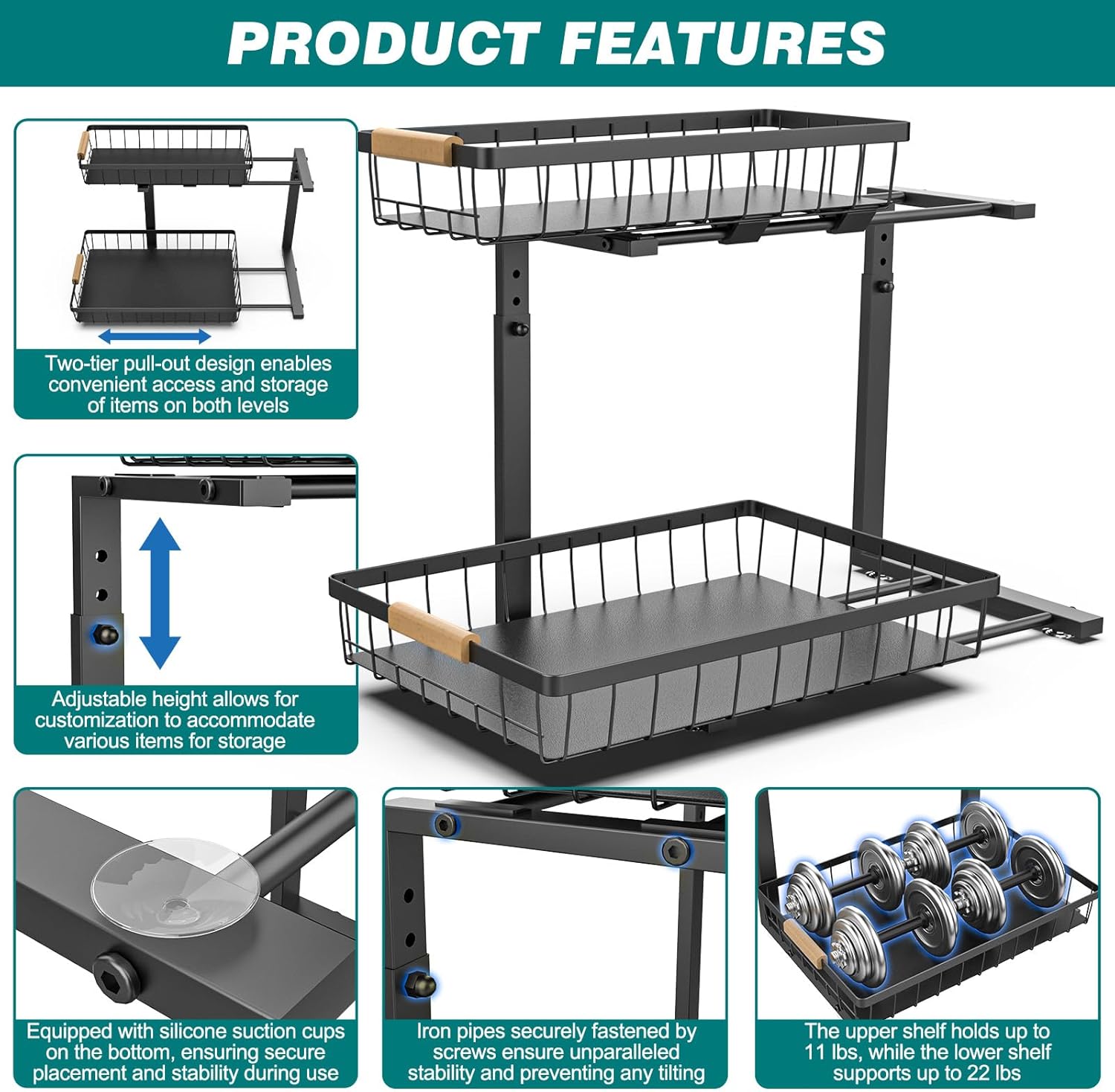2-Tier Kitchen Under Sink Organiser Storage with Height Adjustable, Unique Slide Rail & Suction Cups for V178-36080