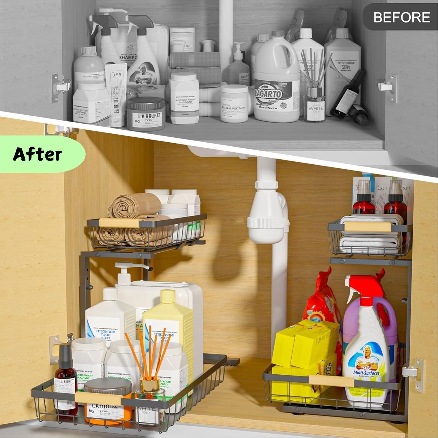 2-Tier Kitchen Under Sink Organiser Storage with Height Adjustable, Unique Slide Rail & Suction Cups for V178-36080