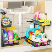 2-Tier Kitchen Under Sink Organiser Storage with Height Adjustable, Unique Slide Rail & Suction Cups for V178-36080