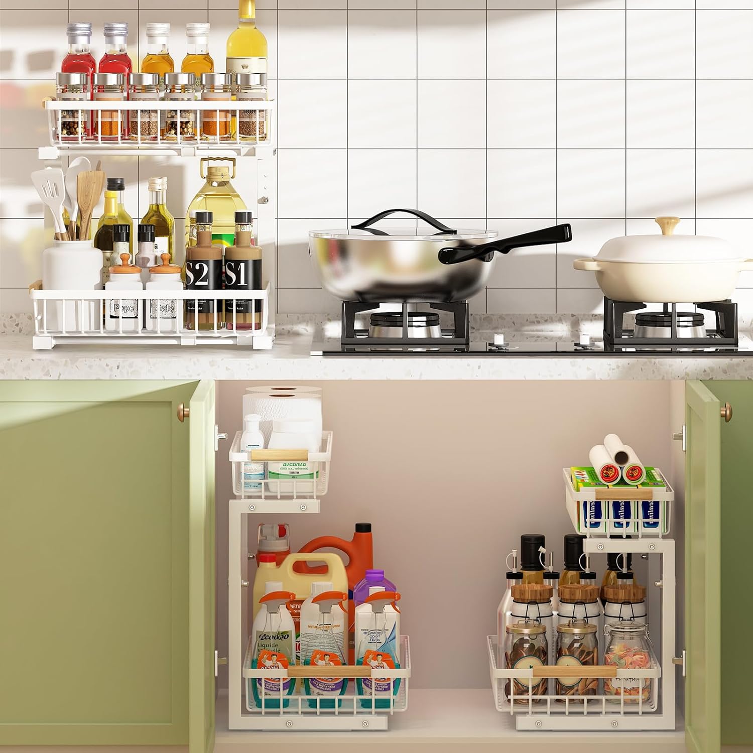 2-Tier Kitchen Under Sink Organiser Storage with Height Adjustable, Unique Slide Rail & Suction Cups for V178-36081